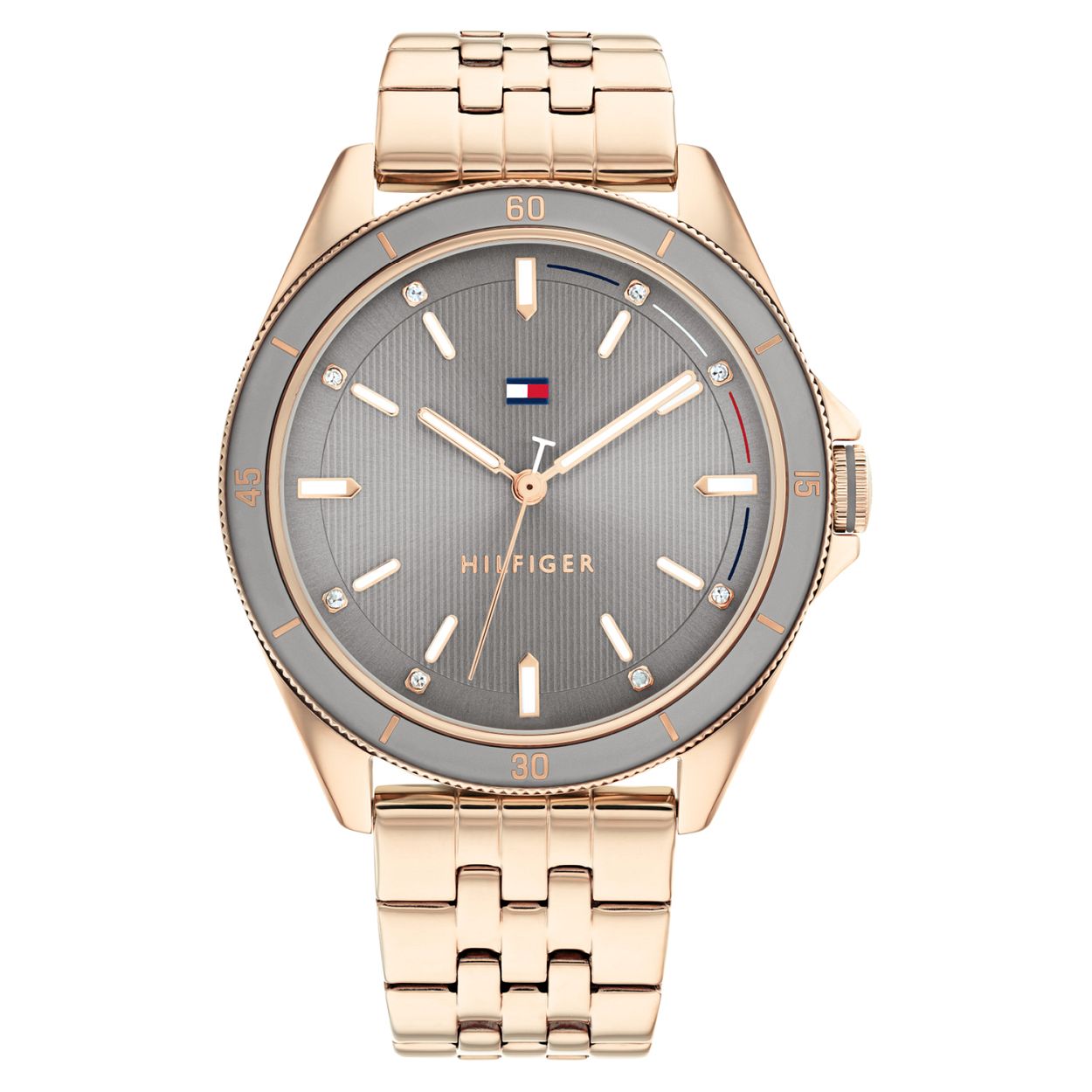 Dames Horloge grijskleurige wijzerplaat en roségoudkleurige roestvrij stalen schakel band.