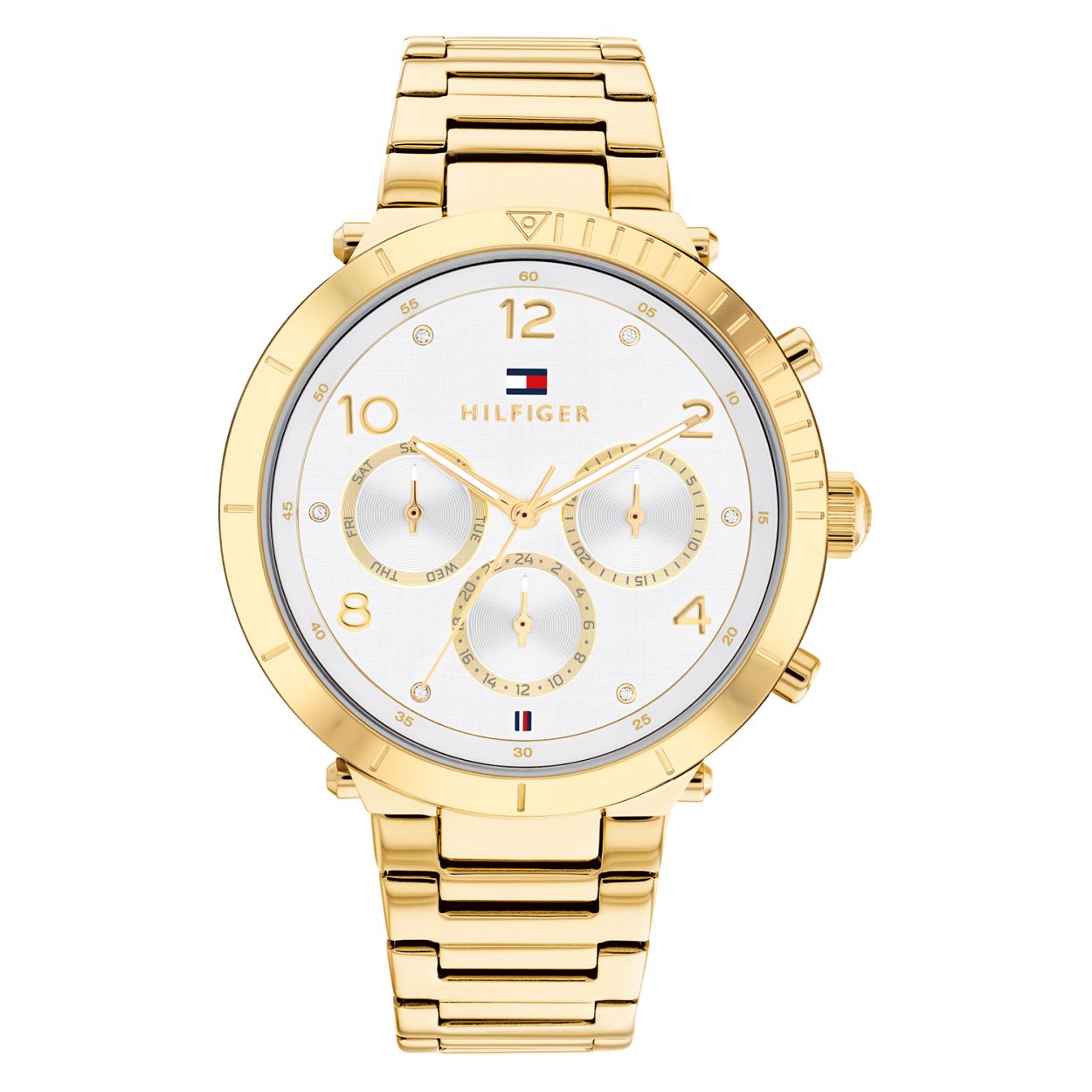 Tommy Hilfiger TH1782490 Horloge Dames Staal Goudkleurig 38mm
Dit unieke horloge van Tommy Hilfiger met artikelnr: TH1782490 is een casual horloge. Het stalen dameshorloge heeft een ronde goudkleurige kast met een bewerkte bezel en een speciale band aanzet. Op de zilverwitte wijzerplaat zitten kristallen en cijfers als uurs-aanduiding en zijn de dag datum en 24- uurs aanduiding zichtbaar in ronde uitsparingen. Het horloge heeft een goudkleurige schakelband met vouwsluiting een mineraalglas een doorsnee van 38mm en is 5 ATM.  Het horloge heeft een chique uitstraling voor de echte Tommy klant.  

Het merk: 
Sinds de lancering van het merk in 1985 is Tommy Hilfiger wereldwijd bekend geworden als pionier van de klassieke Amerikaanse coole stijl. Ge�nspireerd door de iconische popcultuur en het Amerikaanse erfgoed. De dames en herencollectie van dit seizoen bestaan uit minimalistische silhouetten en rustieke lederen details. De herenhorlogecollectie biedt iconische uurwerken met roestvrijstalen lederen en siliconen banden.

Specificaties:
- Mineraalglas
- Ronde kast 38mm
- Goudkleurige horlogekast
- Zilverwitte wijzerplaat
- Kristallen
- Goudkleurige schakelband 
- 5 ATM
