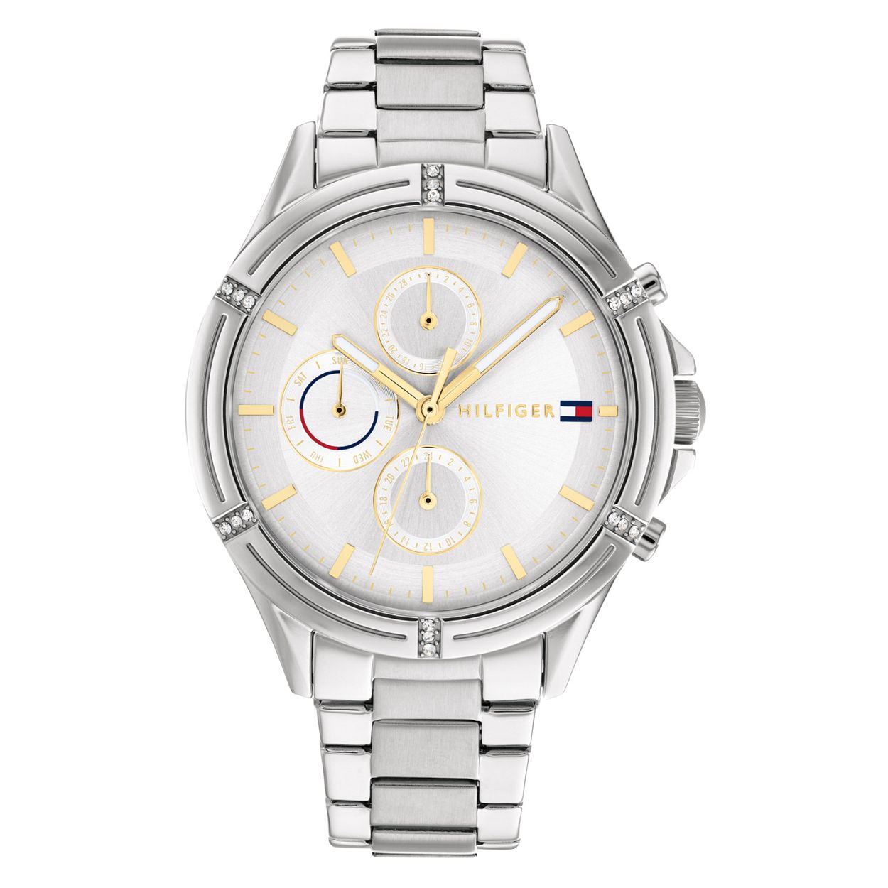 Tommy Hilfiger TH1782502 Horloge Dames Staal Zilverkleurig 38mm
Dit unieke horloge van Tommy Hilfiger met artikelnr: TH1782502 is een casual horloge. Het stalen dameshorloge heeft een ronde zilverkleurige kast met een gladde zilverkleurige bezel met kristallen. Op de zilverwitte wijzerplaat zijn goudkleurige streepjes en de dag datum en 24- uurs aanduiding zichtbaar in ronde uitsparingen. Het horloge heeft een zilverkleurige stalen schakelband met vouwsluiting een mineraalglas een doorsnee van 38mm en is 3 ATM.  Het horloge heeft een sportief chique uitstraling voor de echte Tommy klant.  

Het merk: 
Sinds de lancering van het merk in 1985 is Tommy Hilfiger wereldwijd bekend geworden als pionier van de klassieke Amerikaanse coole stijl. Ge�nspireerd door de iconische popcultuur en het Amerikaanse erfgoed. De dames en herencollectie van dit seizoen bestaan uit minimalistische silhouetten en rustieke lederen details. De herenhorlogecollectie biedt iconische uurwerken met roestvrijstalen lederen en siliconen banden.

Specificaties:
- Mineraalglas
- Ronde kast 38mm
- Zilverkleurige horlogekast
- Zilverwitte wijzerplaat
- Bezel met kristallen
- Zilverkleurige schakelband 
- 3 ATM