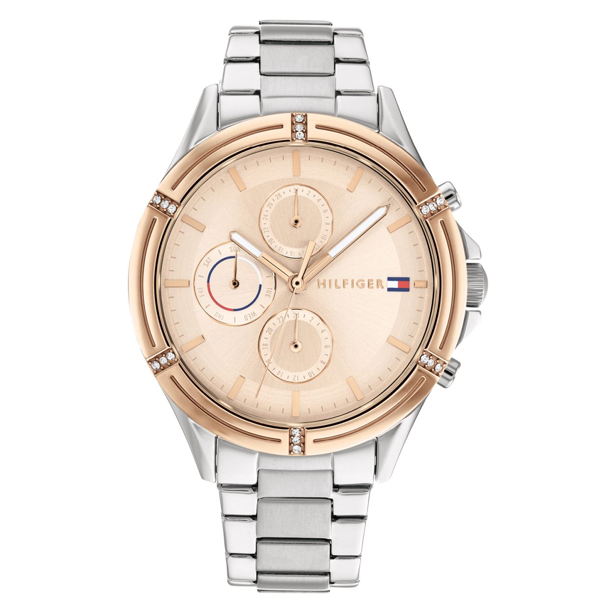 Tommy Hilfiger TH1782503 Horloge Dames Staal Zilverkleurig 38mm
Dit unieke horloge van Tommy Hilfiger met artikelnr: TH1782503 is een casual horloge. Het stalen dameshorloge heeft een ronde zilverkleurige kast met een gladde ros�kleurige bezel met kristallen. Op de ros�kleurige wijzerplaat zijn ros�kleurige streepjes en de dag datum en 24- uurs aanduiding zichtbaar in ronde uitsparingen. Het horloge heeft een zilverkleurige stalen schakelband met vouwsluiting een mineraalglas een doorsnee van 38mm en is 3 ATM.  Het horloge heeft een sportief chique uitstraling voor de echte Tommy klant.  

Het merk: 
Sinds de lancering van het merk in 1985 is Tommy Hilfiger wereldwijd bekend geworden als pionier van de klassieke Amerikaanse coole stijl. Ge�nspireerd door de iconische popcultuur en het Amerikaanse erfgoed. De dames en herencollectie van dit seizoen bestaan uit minimalistische silhouetten en rustieke lederen details. De herenhorlogecollectie biedt iconische uurwerken met roestvrijstalen lederen en siliconen banden.

Specificaties:
- Mineraalglas
- Ronde kast 38mm
- Zilverkleurige horlogekast
- Ros�kleurige wijzerplaat
- Bezel met kristallen
- Zilverkleurige schakelband 
- 3 ATM