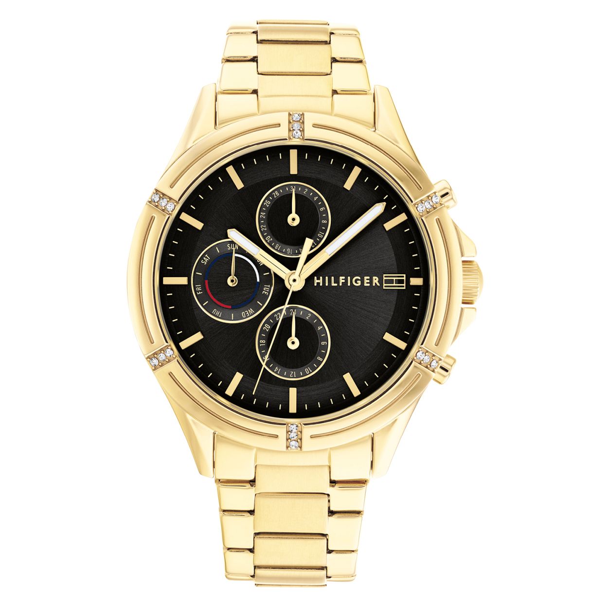 Tommy Hilfiger TH1782504 Horloge Dames Staal Goudkleurig 38mm
Dit unieke horloge van Tommy Hilfiger met artikelnr: TH1782504 is een casual horloge. Het stalen dameshorloge heeft een ronde goudkleurige kast met een gladde goudkleurige bezel met kristallen. Op de zwarte wijzerplaat zijn goudkleurige streepjes en de dag datum en 24- uurs aanduiding zichtbaar in ronde uitsparingen. Het horloge heeft een goudkleurige stalen schakelband met vouwsluiting een mineraalglas een doorsnee van 38mm en is 3 ATM.  Het horloge heeft een sportief chique uitstraling voor de echte Tommy klant.  

Het merk: 
Sinds de lancering van het merk in 1985 is Tommy Hilfiger wereldwijd bekend geworden als pionier van de klassieke Amerikaanse coole stijl. Ge�nspireerd door de iconische popcultuur en het Amerikaanse erfgoed. De dames en herencollectie van dit seizoen bestaan uit minimalistische silhouetten en rustieke lederen details. De herenhorlogecollectie biedt iconische uurwerken met roestvrijstalen lederen en siliconen banden.

Specificaties:
- Mineraalglas
- Ronde kast 38mm
- Goudkleurige horlogekast
- Zwarte wijzerplaat
- Bezel met kristallen
- Goudkleurige schakelband 
- 3 ATM