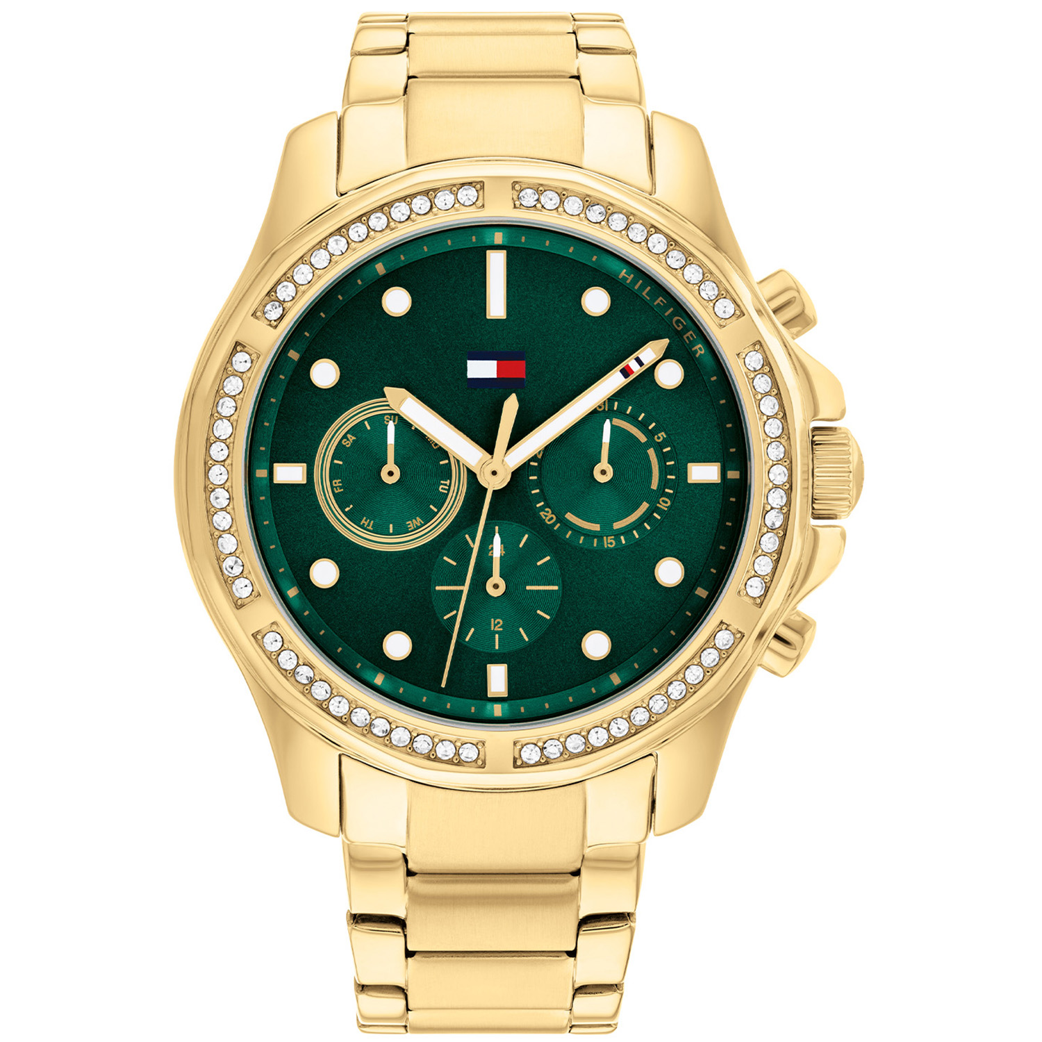 Tommy Hilfiger TH1782614 Horloge Dames Staal Goudkleurig Crystal 40mm
Dit specifieke horloge van Tommy Hilfiger met artikelnr: TH1782614 is een chique sportief dameshorloge die zeker in je collectie past. Het stalen dameshorloge heeft een ronde goudkleurige kast met een bezel vol kristallen en een groene wijzerplaat met dag, - datum,- en 24-uursaanduiding. De goudkleurige schakelband is op lengte verstelbaar en heeft een vouwsluiting. Het horloge heeft een mineraalglas, een doorsnee van 40mm en is 5 ATM.  

Het merk:
Sinds de lancering van het merk in 1985 is Tommy Hilfiger wereldwijd bekend geworden als pionier van de klassieke Amerikaanse coole stijl. Geïnspireerd door de iconische popcultuur en het Amerikaanse erfgoed. De dames en herencollectie van dit seizoen bestaan uit minimalistische silhouetten en rustieke lederen details. De herenhorlogecollectie biedt iconische uurwerken met roestvrijstalen, lederen en siliconen banden.

Specificaties:
- Mineraalglas
- Ronde kast 40mm
- Goudkleurige horlogekast
- Groene wijzerplaat
- Goudkleurige schakelband 
- 5 ATM