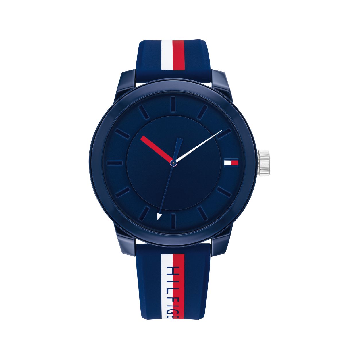 Het Tommy Hilfiger Denim horloge is een sportief heren horloge. Het horloge heeft een blauwe siliconen band met rode en blauwe streep en een blauwe kunstsstof horlogekast van 44 mm met een edelstalen achterdeksel. Het horloge heeft een blauwe wijzerplaat met witte en rode accenten. Het Tommy Hilfiger TH1791746 Denim horloge heeft mineraal glas, is waterdicht tot 3 atm en wordt geleverd met een originele Tommy Hilfiger watch box.

Specificaties Tommy Hilfiger Denim TH1791746 Heren Horloge:

- Quartz uurwerk
- Kunststof kast, ca. 44 mm
- Edelstalen achterdeksel
- Kleur kast: blauw

- Gehard mineraal glas
- Kleur wijzerplaat: blauw met witte en rode accenten
- Uren, Minuten, Seconden
- Kleur wijzers: rood, wit en blauw

- Siliconen band
- Kleur band: blauw met rood en wit
- Waterbestendig: 3 ATM = spatwaterdicht

- 2 jaar officiële garantie