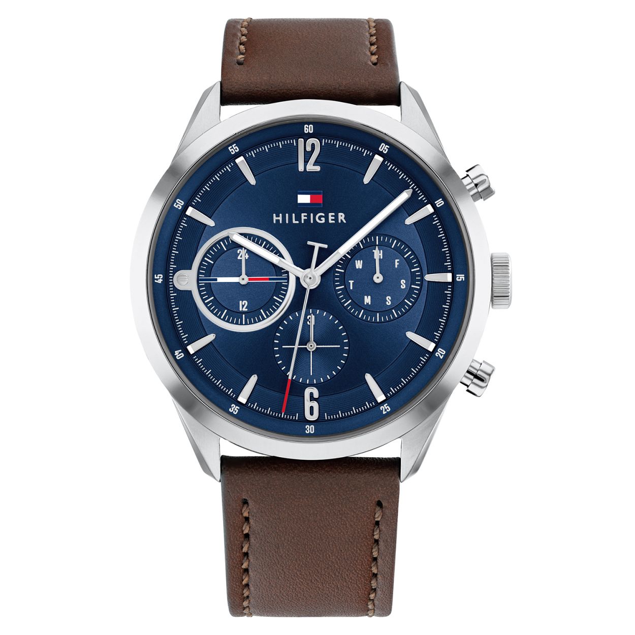 Tommy Hilfiger TH1791940 Horloge Heren Staal Zilverkleurig Band Leer Bruin 44mm
Dit unieke horloge van Tommy Hilfiger met artikelnr: TH1791940 is een casual horloge. Het stalen herenhorloge heeft een ronde zilverkleurige kast met een zilverkleurige bezel. Op de blauwe wijzerplaat zitten zilverkleurige accenten en zijn de dag datum en 24- uurs aanduiding zichtbaar in ronde uitsparingen. Het horloge heeft een bruine lerenband met een zilverkleurige gesp een mineraalglas een doorsnee van 44mm en is 5 ATM.   

Het merk: 
Sinds de lancering van het merk in 1985 is Tommy Hilfiger wereldwijd bekend geworden als pionier van de klassieke Amerikaanse coole stijl. Ge�nspireerd door de iconische popcultuur en het Amerikaanse erfgoed. De dames en herencollectie van dit seizoen bestaan uit minimalistische silhouetten en rustieke lederen details. De herenhorlogecollectie biedt iconische uurwerken met roestvrijstalen lederen en siliconen banden.

Specificaties:
- Mineraalglas
- Ronde kast 44mm
- Zilverkleurige horlogekast
- Blauwe wijzerplaat
- Zilverkleurige bezel
- Bruin leren band 
- 5 ATM