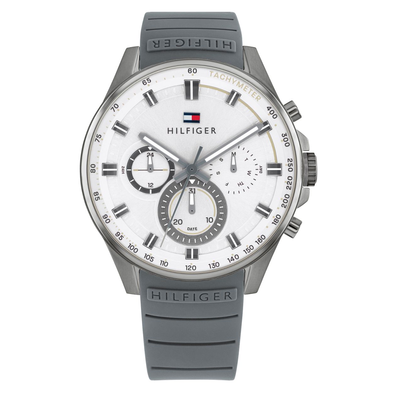 Tommy Hilfiger TH1791972 Horloge Heren Staal Siliconen Band Grijs 44mm
Dit unieke horloge van Tommy Hilfiger met artikelnr: TH1791972 is een casual horloge. Het stalen herenhorloge heeft een ronde grijze kast met een tachymeter. Op de witte wijzerplaat zitten lumibrite accenten en zijn de dag datum en 24- uurs aanduiding zichtbaar in ronde uitsparingen. Het horloge heeft een grijze siliconen band met een gesp een mineraalglas een doorsnee van 44mm en is 5 ATM. Door deze kleur combinatie heeft het horloge een sportieve uitstraling voor de echte Tommy klant.  

Het merk: 
Sinds de lancering van het merk in 1985 is Tommy Hilfiger wereldwijd bekend geworden als pionier van de klassieke Amerikaanse coole stijl. Ge�nspireerd door de iconische popcultuur en het Amerikaanse erfgoed. De dames en herencollectie van dit seizoen bestaan uit minimalistische silhouetten en rustieke lederen details. De herenhorlogecollectie biedt iconische uurwerken met roestvrijstalen lederen en siliconen banden.

Specificaties:
- Mineraalglas
- Ronde kast 44mm
- Grijze horlogekast
- Witte wijzerplaat
- Tachymeter
- Grijze siliconen band 
- 5 ATM