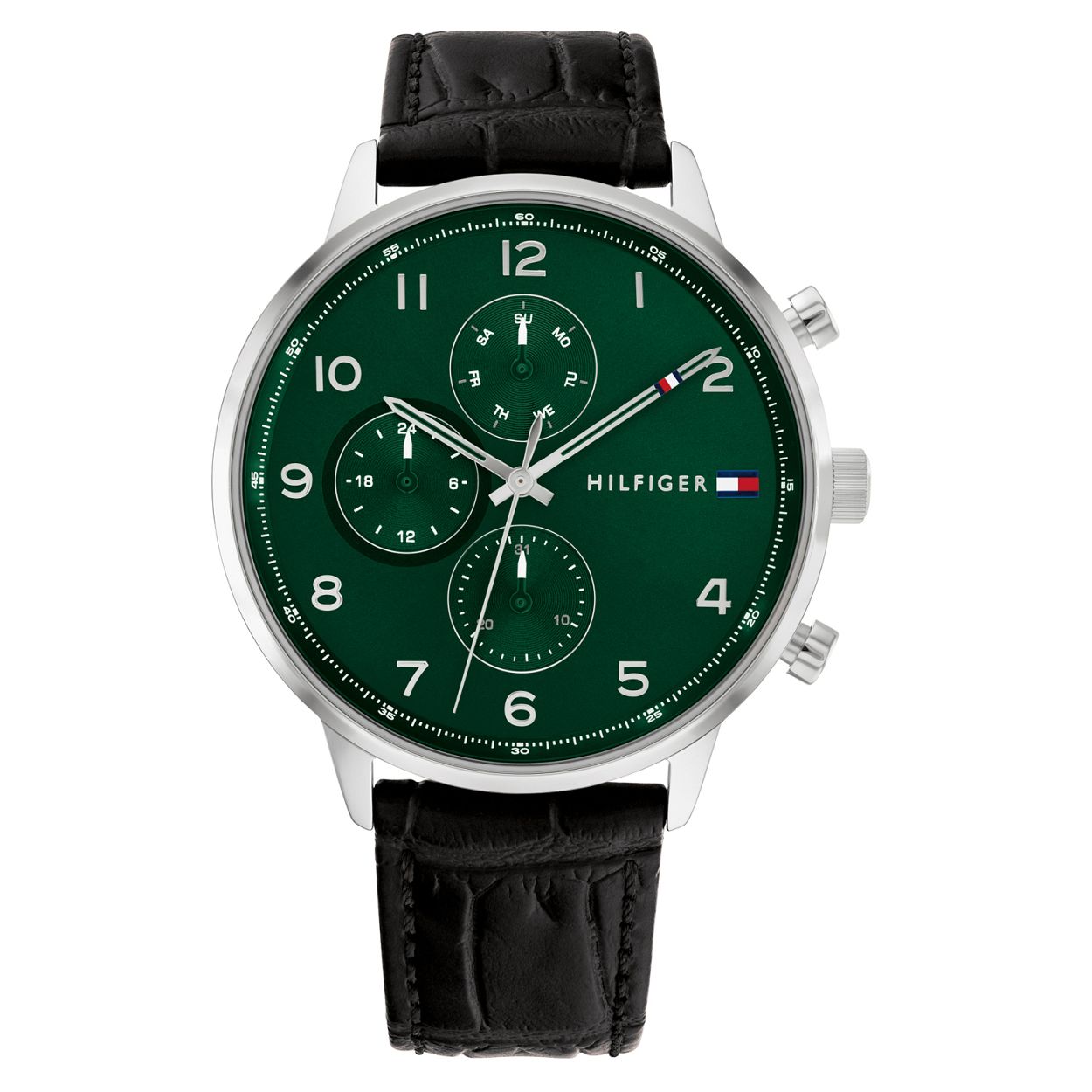 Tommy Hilfiger TH1791985 Horloge Heren Staal Band Leer Zwart 44mm
Dit unieke horloge van Tommy Hilfiger met artikelnr: TH1791985 is een casual horloge. Het stalen herenhorloge heeft een ronde zilverkleurige kast. Op de groene wijzerplaat zijn de dag datum en 24- uurs aanduiding zichtbaar in ronde uitsparingen en zijn de cijfers en wijzers zilverkleurig. Aan het horloge zit een zwarte leren band met gesp. Verder heeft het model een klassiek uiterlijk een mineraalglas een doorsnee van 44mm en is 5 ATM.  

Het merk:
Sinds de lancering van het merk in 1985 is Tommy Hilfiger wereldwijd bekend geworden als pionier van de klassieke Amerikaanse coole stijl. Ge�nspireerd door de iconische popcultuur en het Amerikaanse erfgoed. De dames en herencollectie van dit seizoen bestaan uit minimalistische silhouetten en rustieke lederen details. De herenhorlogecollectie biedt iconische uurwerken met roestvrijstalen lederen en siliconen banden.

Specificaties:
- Mineraalglas
- Ronde kast 44mm
- Zilverkleurige horlogekast
- Groene wijzerplaat
- Zwarte leren band 
- 5 ATM