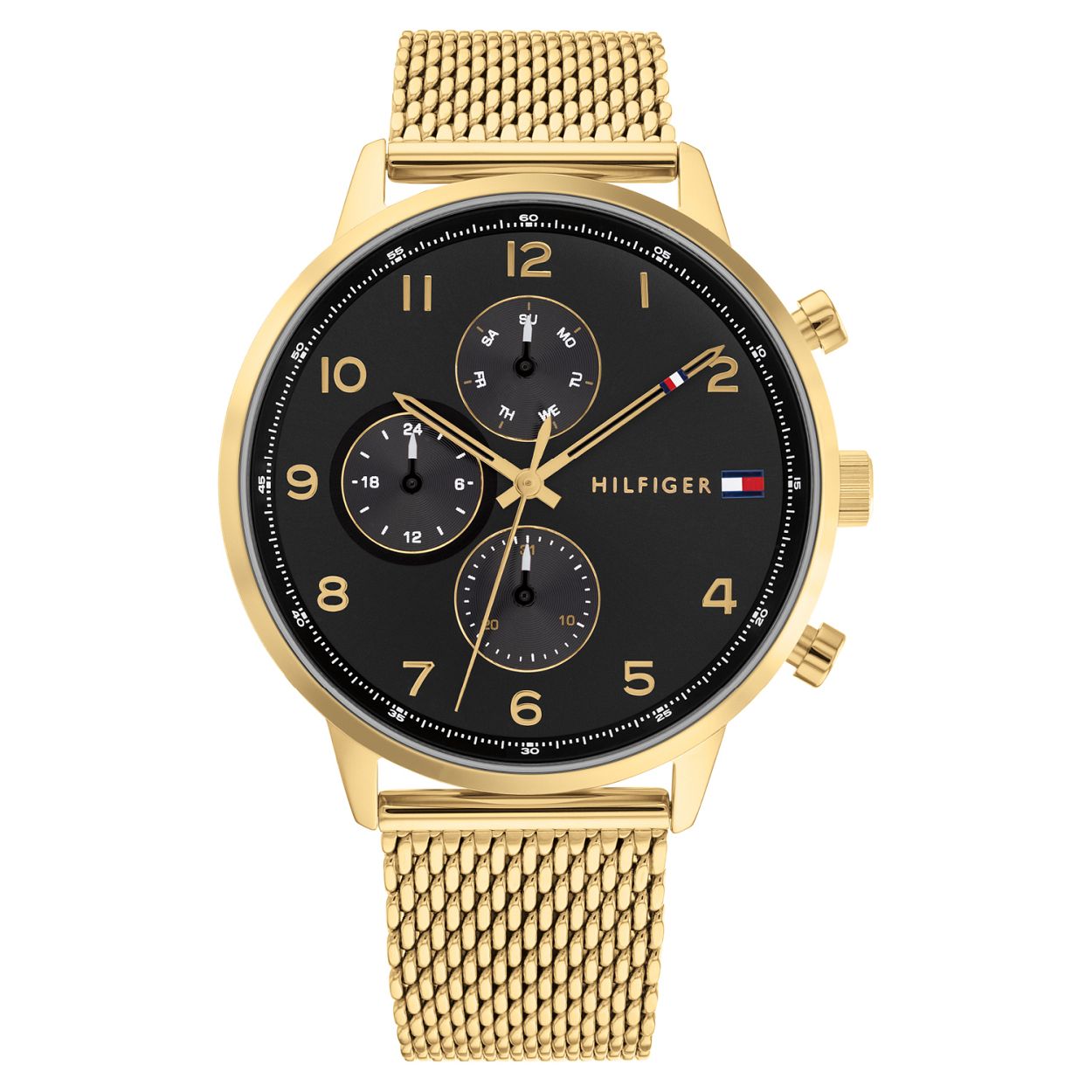 Tommy Hilfiger TH1791989 Horloge Heren Staal Goudkleurig Milanese Band 44mm
Dit unieke horloge van Tommy Hilfiger met artikelnr: TH1791989 is een casual horloge. Het stalen herenhorloge heeft een ronde goudkleurige kast met een zwarte bezel. Op de zwarte wijzerplaat zijn de dag datum en 24- uurs aanduiding zichtbaar in ronde uitsparingen en zijn de cijfers en wijzers goudkleurig. Aan het horloge zit een goudkleurige milanese band met druksluiting. Verder heeft het model een klassiek uiterlijk een mineraalglas een doorsnee van 44mm en is 5 ATM.  

Het merk:
Sinds de lancering van het merk in 1985 is Tommy Hilfiger wereldwijd bekend geworden als pionier van de klassieke Amerikaanse coole stijl. Ge�nspireerd door de iconische popcultuur en het Amerikaanse erfgoed. De dames en herencollectie van dit seizoen bestaan uit minimalistische silhouetten en rustieke lederen details. De herenhorlogecollectie biedt iconische uurwerken met roestvrijstalen lederen en siliconen banden.

Specificaties:
- Mineraalglas
- Ronde kast 44mm
- Goudkleurige horlogekast
- Zwarte wijzerplaat
- Goudkleurige milanese band 
- 5 ATM