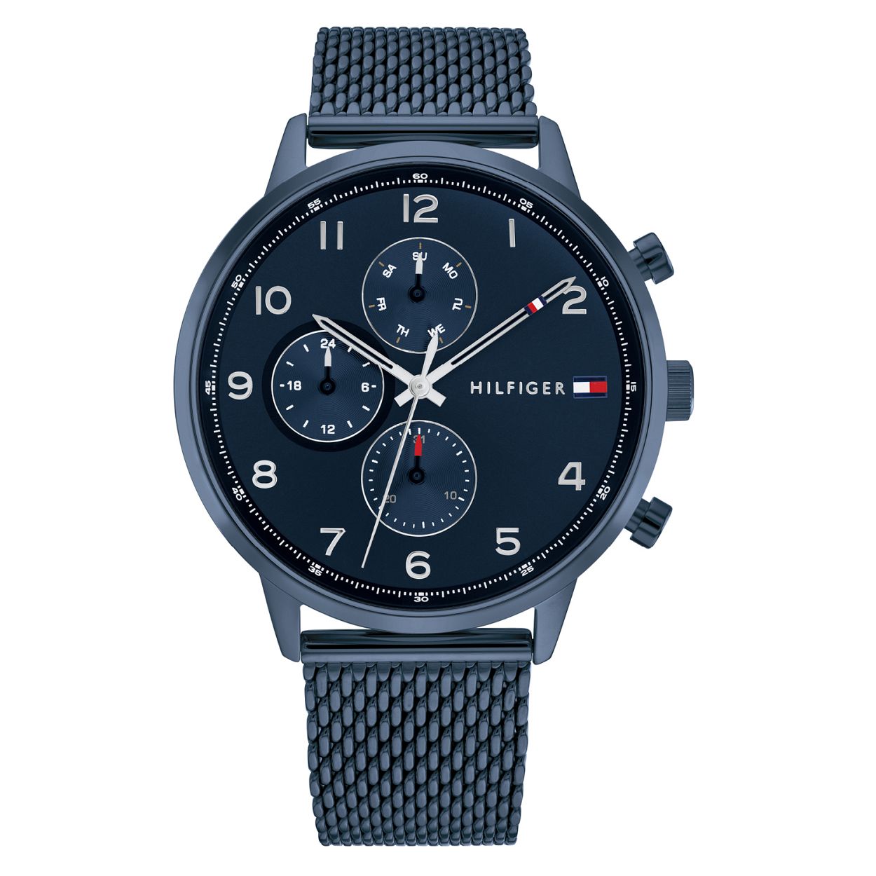 Tommy Hilfiger TH1791990 Horloge Heren Staal Blauw Milanese Band 44mm
Dit unieke horloge van Tommy Hilfiger met artikelnr: TH1791990 is een casual horloge. Het stalen herenhorloge heeft een ronde blauwe kast met een blauwe bezel. Op de blauwe wijzerplaat zijn de dag datum en 24- uurs aanduiding zichtbaar in ronde uitsparingen en zijn de cijfers en wijzers zilverkleurig. Aan het horloge zit een blauwe milanese band met druksluiting. Verder heeft het model een klassiek uiterlijk een mineraalglas een doorsnee van 44mm en is 5 ATM.  

Het merk:
Sinds de lancering van het merk in 1985 is Tommy Hilfiger wereldwijd bekend geworden als pionier van de klassieke Amerikaanse coole stijl. Ge�nspireerd door de iconische popcultuur en het Amerikaanse erfgoed. De dames en herencollectie van dit seizoen bestaan uit minimalistische silhouetten en rustieke lederen details. De herenhorlogecollectie biedt iconische uurwerken met roestvrijstalen lederen en siliconen banden.

Specificaties:
- Mineraalglas
- Ronde kast 44mm
- Blauwe horlogekast
- Blauwe wijzerplaat
- Blauwe milanese band 
- 5 ATM