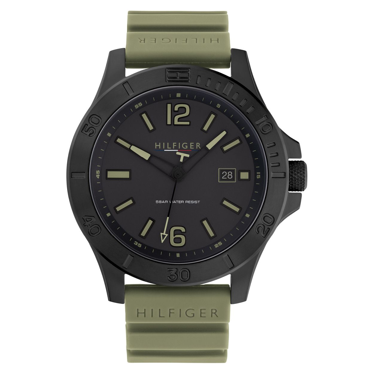 Tommy Hilfiger TH1791992 Horloge Heren Staal Zwart Siliconen Band Olijfgroen 46mm
Dit unieke horloge van Tommy Hilfiger met artikelnr: TH1791992 is een casual horloge. Het stalen herenhorloge heeft een ronde zwarte kast met een zwarte bezel met een tachymeter. Op de zwarte wijzerplaat zit een datumaanduiding. De uurs aanduiding en wijzers zijn met olijfgroene accenten. Aan het horloge zit een olijfgroene siliconen band. Verder heeft het model een sportief stoere uitstraling een mineraalglas een doorsnee van 46mm en is 5 ATM.  

Het merk:
Sinds de lancering van het merk in 1985 is Tommy Hilfiger wereldwijd bekend geworden als pionier van de klassieke Amerikaanse coole stijl. Ge�nspireerd door de iconische popcultuur en het Amerikaanse erfgoed. De dames en herencollectie van dit seizoen bestaan uit minimalistische silhouetten en rustieke lederen details. De herenhorlogecollectie biedt iconische uurwerken met roestvrijstalen lederen en siliconen banden.

Specificaties:
- Mineraalglas
- Ronde kast 46mm
- Zwarte horlogekast
- Zwarte wijzerplaat
- Groene olijfkleurige siliconen band 
- 5 ATM