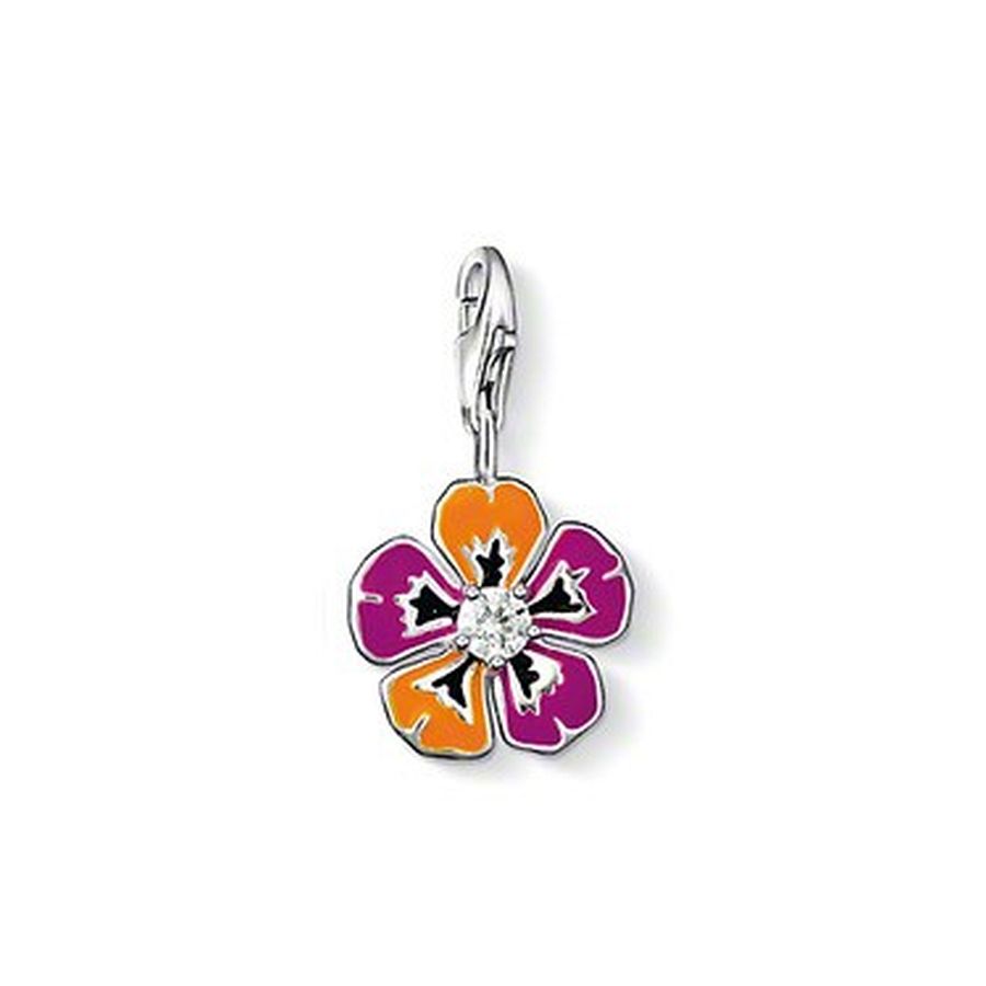 Tropische bloem bedel met veersluiting, gemaakt van 925 Sterling zilver, met zwart violet en oranje glazuur en synthetisch zirkonia. Wilt u deze bedel aan een zilveren, leren of satijnen collier dragen? Dan heeft u ook een verbindingsring nodig, zodat de bedel netjes hangt.