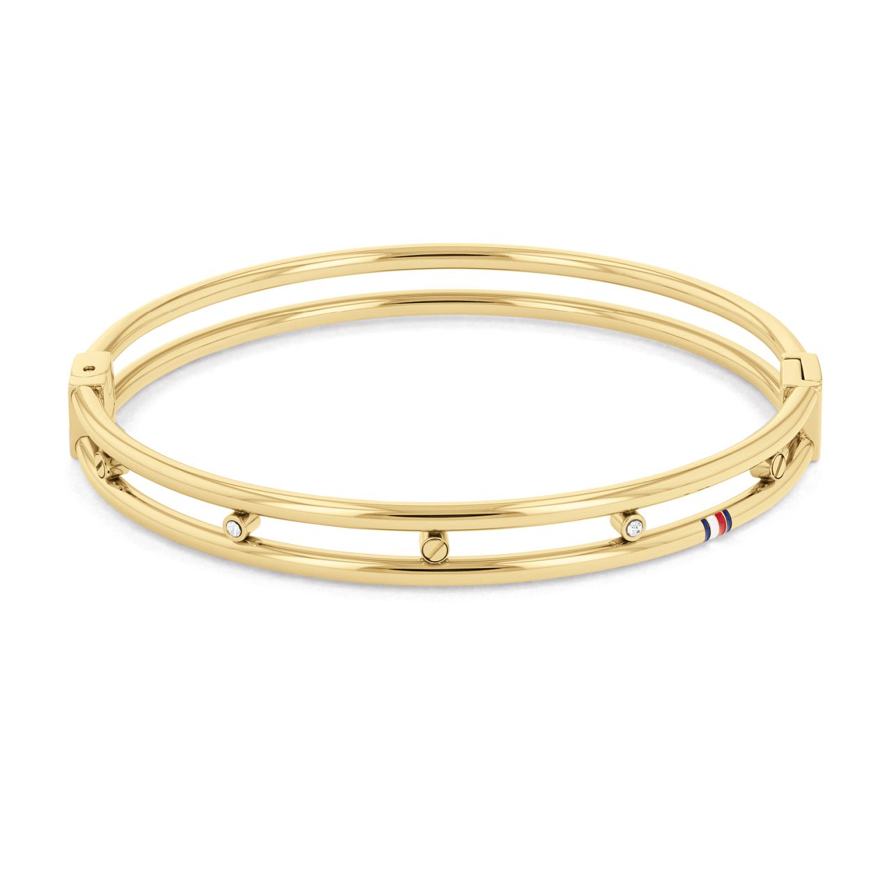 Tommy Hilfiger Jewels TJ2780611 Armband Dames Goudkleurig Kristallen 52mm x 61mm 
Deze unieke armband van Tommy Hilfiger van de jewelry serie met nummer TJ2780611 heeft een zeer opvallend uiterlijk. De goudkleurige bangle voor dames bestaat uit twee buizen die bovenop door kristallen en schroefjes in een zetkastje aan elkaar verbonden zijn. Op een van de buizen is het gekleurde Tommy logo geplaatst. Een hele chique armband. 

Het merk
Tommy Hilfiger is wereldwijd een van de grootste designer lifestyle merken en is internationaal bekend om haar classic American cool stijl. De sieraden zijn voor dames en heren met een eigen stijl die niet bang zijn om dit aan de wereld te laten zien.

Specificaties
- Artikelnr TJ2780611
- Goudkleurige bangle armband
- Materiaal Staal
- Doorsnee 5x6cm
- Dames sieraad