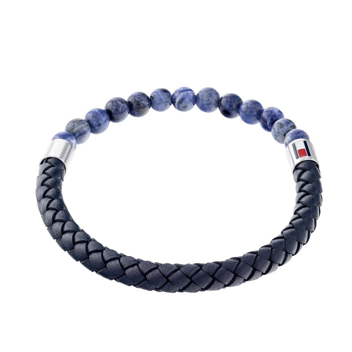 Deze Tommy Hilfiger Blauw Leer met Edelstenen Kralen Heren Armband is voor de ene helft vervaardigd uit blauw gevlochten leer en voor de andere helft vervaardigd uit blauwe edelstenen kralen, van elkaar gescheiden dooreen zilverkleurig edelstalen element en een buisvormige sluiting met daarop het merkje in kleur. Deze herenarmband heeft een lengte van 19 cm.