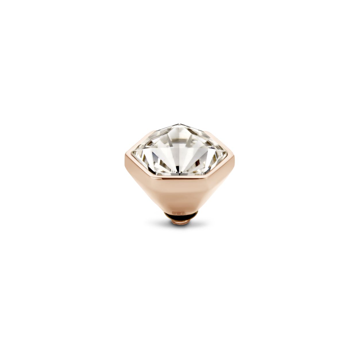 Crystal. Het Melano Twisted Hexa steentje is een zeshoekig steentje van 12 mm breed. Dankzij de grootte van het steentje, vangt de sprankelende zirkonia steen extra veel licht waardoor hij een geweldige schittering heeft.