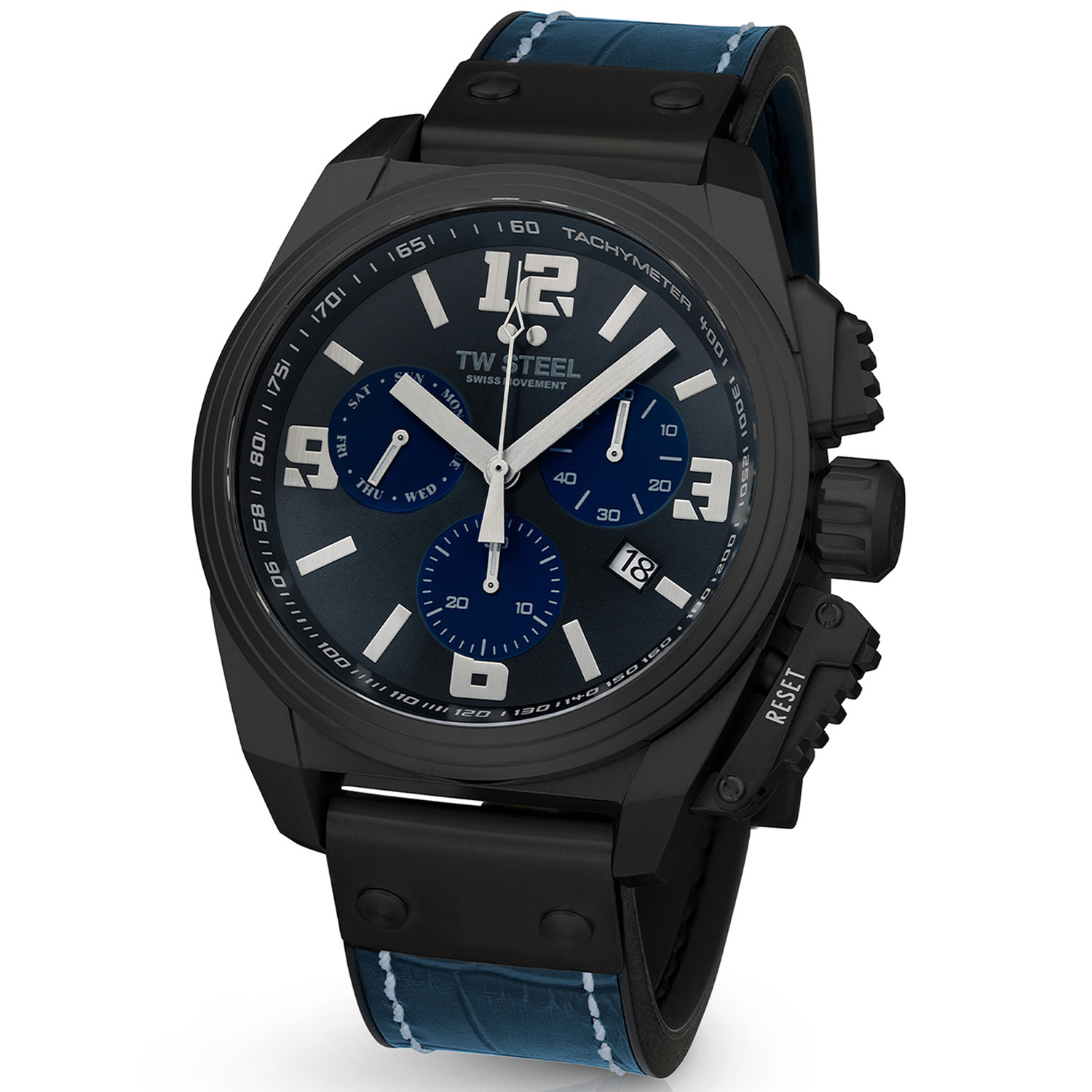 TW Steel TW1117 Canteen Swiss Movement Steel Chrono Blauw Leer 46mm
Dit TW steel herenhorloge uit de Swiss Canteen serie met nr TW1117 heeft een blauwe stalen horlogekast van 46mm met een blauwe wijzerplaat met chronograaf en een datum. De uursaanduiding en de wijzers zijn opvallend door de donkere accenten. Deze Canteen serie heeft een swiss made uurwerk en dat geeft het model extra luxe. Het stijlvolle herenhorloge heeft een saffierglas en ruw bewerkte kronen en knoppen. Aan de kast zit een blauwe leren croco band met stalen aanzetstuk en een stalen gespsluiting. Het horloge heeft wereldwijde garantie van 3 jaar en is 10 ATM. Een sportief chique model.

Het Merk:
TW Steel is een Nederlands horlogemerk. Groot in visie en onge�venaard in stijl. Sinds onze oprichting in 2005 geven wij tijd een nieuwe dimensie. Met karakteristieke designs stappen wij af van de gebaande paden.
Ons bereik is wereldwijd, of het nu zakelijk, casual of sportief is, bij de horloge collectie van TW Steel gaat het om kwaliteit en precisie. Een horloge dat je persoonlijkheid onderstreept is altijd binnen handbereik. Vorm en functie gaan samen in onze horloges van Zwitserse top kwaliteit. De kunst om je te onderscheiden vergt zelfvertrouwen en lef.
TW Steel is niet zomaar een horloge, TW Steel is een statement.

Specificaties:
- Stalen horloge kast 46mm
- Blauwe wijzerplaat
- Blauwe leren croco band
- Saffierglas
- Schroefkroon
- 10 ATM

