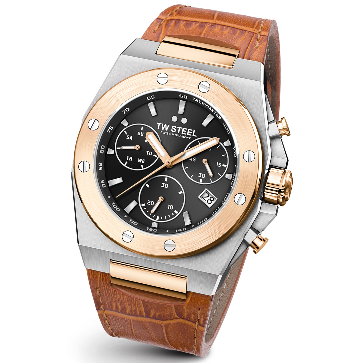 Dit is een herenhorloge van het merk TW Steel uit de serie CEO Tech. Met een horlogekast gemaakt van staal en een oranje band van leer.