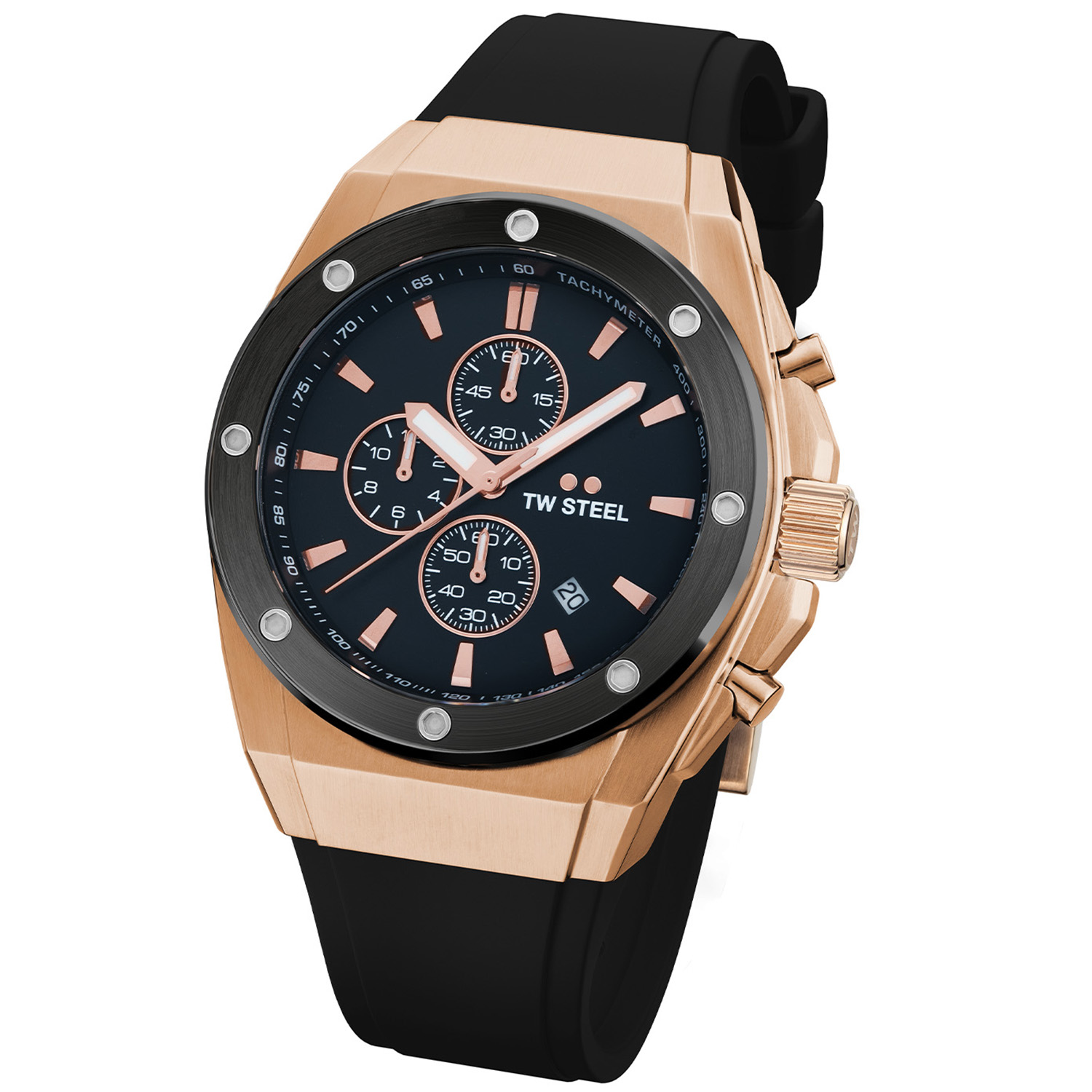 TW Steel TWCE4103 CEO Tech Steel Chrono Zwart Siliconen 44mm
Dit TW steel herenhorloge uit de CEO Tech serie met nr TWCE4103 heeft een rosékleurige stalen horlogekast van 44mm met een zwarte wijzerplaat met chronograaf en een datum. De uursaanduiding en de wijzers zijn opvallend door de lumibrite accenten. Het stijlvolle herenhorloge heeft een gehard mineraalglas met saffier bovenlaag en een gepolijste schroefkroon. Aan de kast zit een zwarte siliconen band met een stalen gespsluiting. Het horloge heeft wereldwijde garantie van 2 jaar en is 10 ATM. Een sportief chique model.

Het Merk:
TW Steel is een Nederlands horlogemerk. Groot in visie en ongeëvenaard in stijl. Sinds onze oprichting in 2005 geven wij tijd een nieuwe dimensie. Met karakteristieke designs stappen wij af van de gebaande paden.
Ons bereik is wereldwijd, of het nu zakelijk, casual of sportief is, bij de horloge collectie van TW Steel gaat het om kwaliteit en precisie. Een horloge dat je persoonlijkheid onderstreept is altijd binnen handbereik. Vorm en functie gaan samen in onze horloges van Zwitserse top kwaliteit. De kunst om je te onderscheiden vergt zelfvertrouwen en lef.
TW Steel is niet zomaar een horloge, TW Steel is een statement.

Specificaties:
- Stalen rosékleurige horloge kast 44mm
- Zwarte wijzerplaat
- Zwarte siliconen band
- Gehard mineraalglas
- Schroefkroon
- 10 ATM