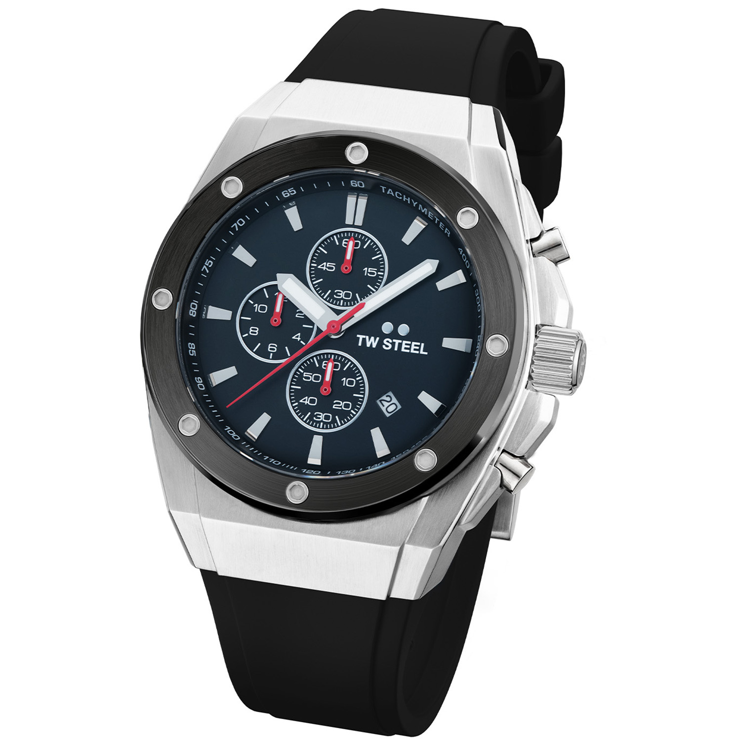 TW Steel TWCE4104 CEO Tech Steel Chrono Zwart Siliconen 44mm
Dit TW steel herenhorloge uit de CEO Tech serie met nr TWCE4104 heeft een zilverkleurige stalen horlogekast van 44mm met een zwarte bezel en een zwarte wijzerplaat met chronograaf en een datum. De uursaanduiding en de wijzers zijn opvallend door de lumibrite accenten. Het stijlvolle herenhorloge heeft een gehard mineraalglas met saffier bovenlaag en een gepolijste schroefkroon. Aan de kast zit een zwarte siliconen band met een stalen gespsluiting. Het horloge heeft wereldwijde garantie van 2 jaar en is 10 ATM. Een sportief chique model.

Het Merk:
TW Steel is een Nederlands horlogemerk. Groot in visie en ongeëvenaard in stijl. Sinds onze oprichting in 2005 geven wij tijd een nieuwe dimensie. Met karakteristieke designs stappen wij af van de gebaande paden.
Ons bereik is wereldwijd, of het nu zakelijk, casual of sportief is, bij de horloge collectie van TW Steel gaat het om kwaliteit en precisie. Een horloge dat je persoonlijkheid onderstreept is altijd binnen handbereik. Vorm en functie gaan samen in onze horloges van Zwitserse top kwaliteit. De kunst om je te onderscheiden vergt zelfvertrouwen en lef.
TW Steel is niet zomaar een horloge, TW Steel is een statement.

Specificaties:
- Stalen horloge kast 44mm
- Zwarte wijzerplaat
- Zwarte siliconen band
- Gehard mineraalglas
- Schroefkroon
- 10 ATM
