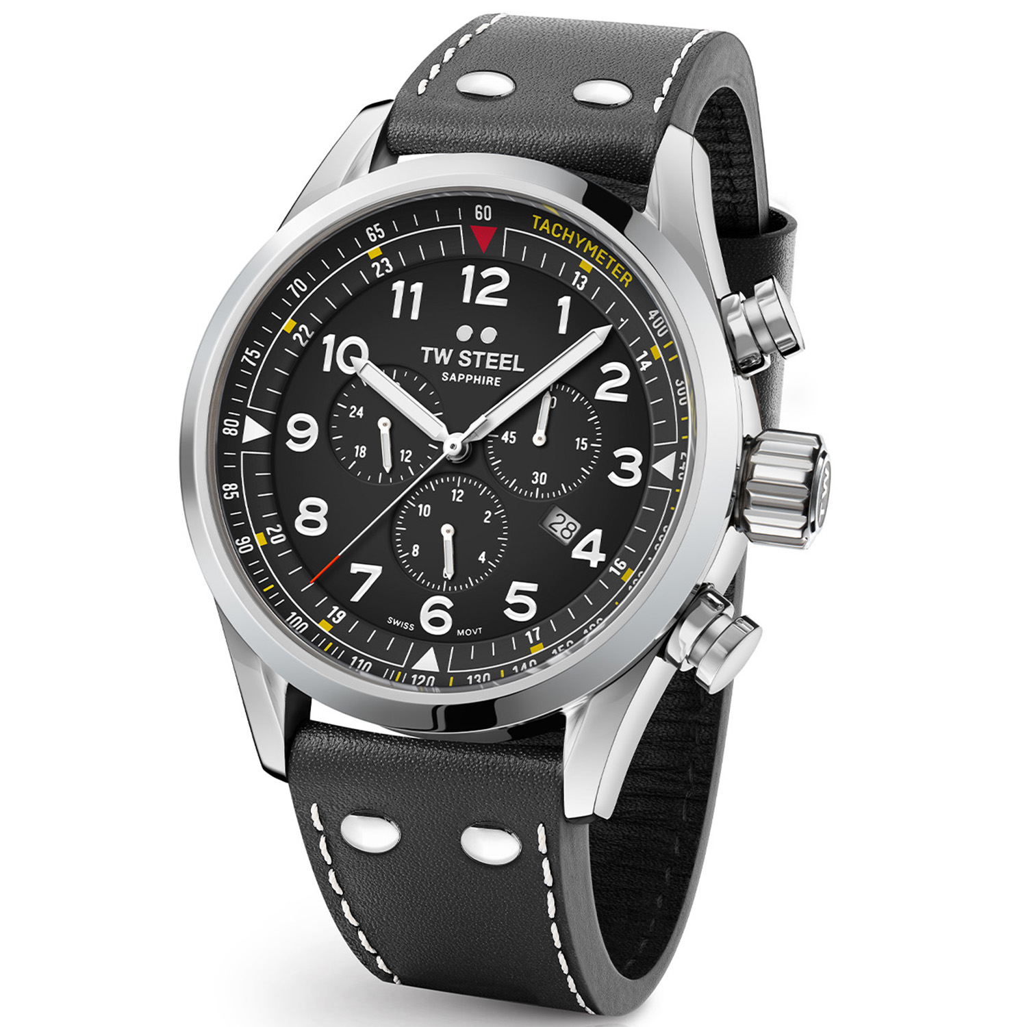 Forget the destination, live the journey. Deze Swiss Volante is voorzien van een glanzende 48mm stalen kast met saffierglas en een zwarte wijzerplaat. De SVS202 onderscheidt zich verder door het Swiss made chronograafuurwerk en een kalfslederen Italiaanse band.