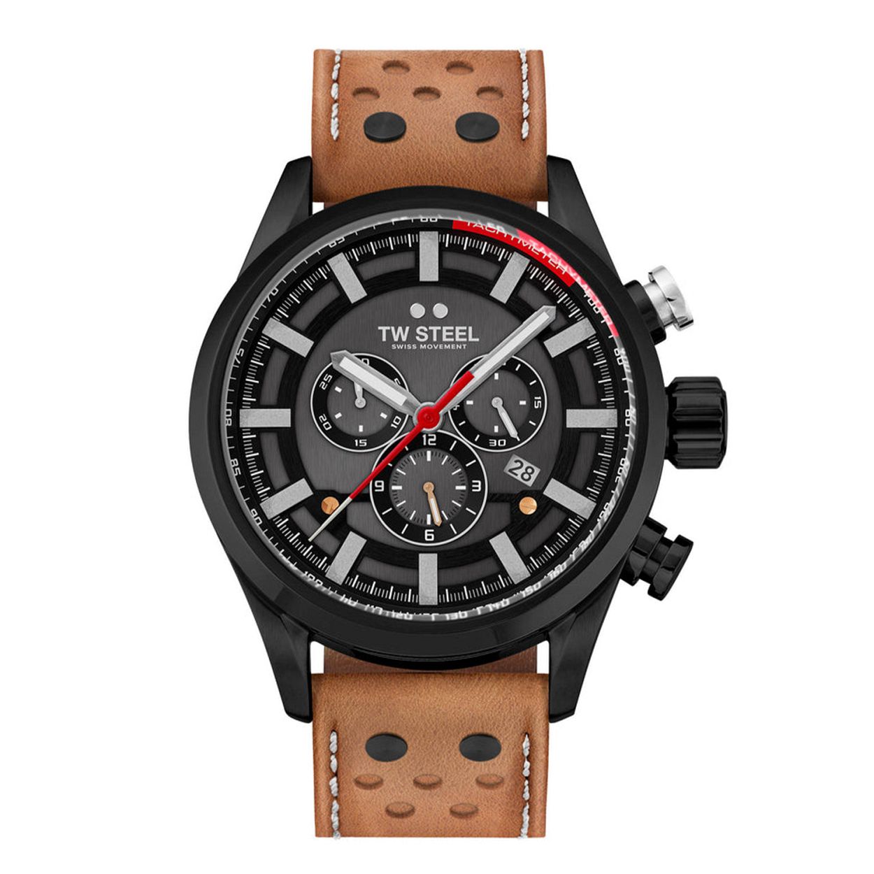 Dit is een herenhorloge van het merk TW Steel uit de serie Swiss Volante. Met een horlogekast gemaakt van staal en een bruine band van leer.
