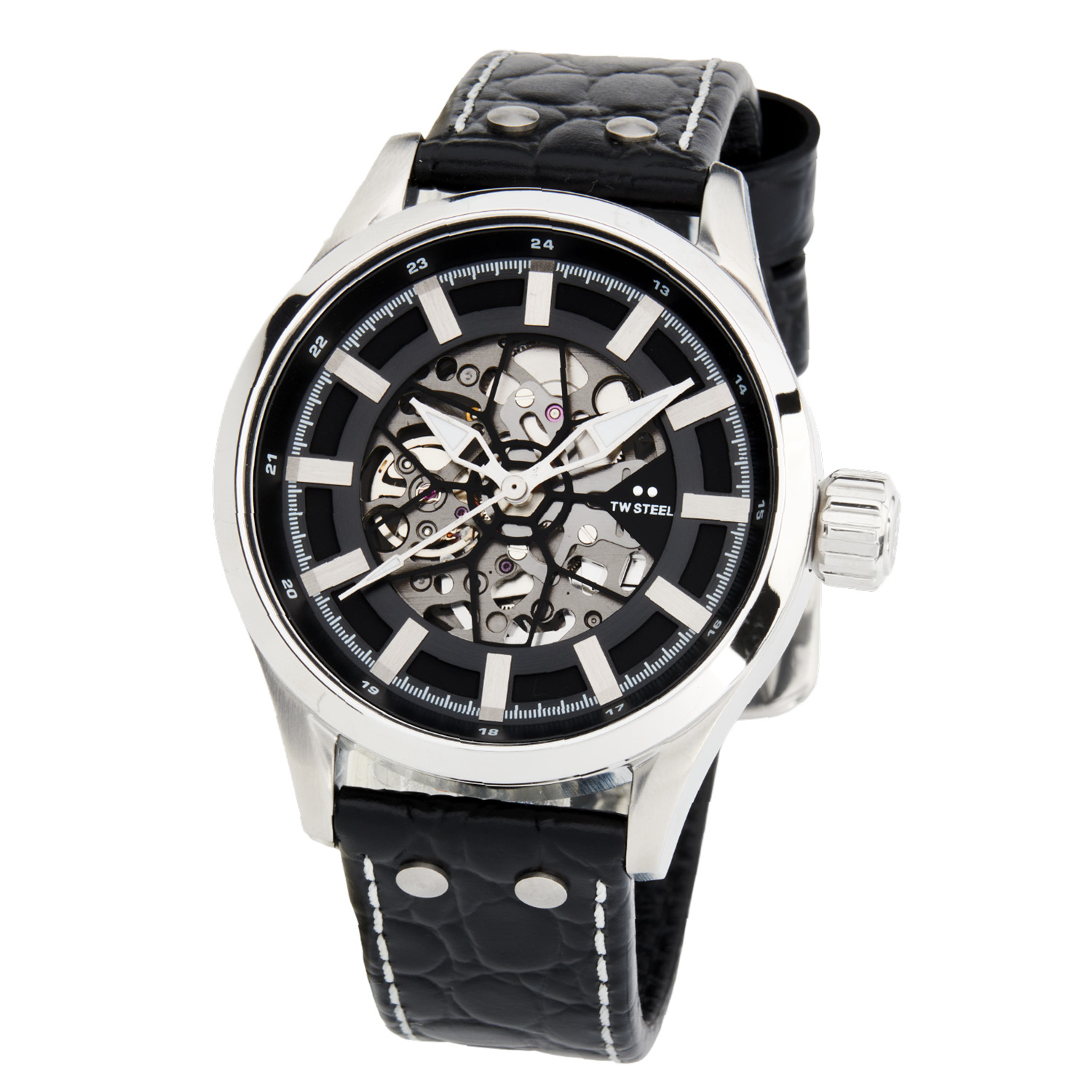 TW Steel TWVS130 Skeleton Staal Leer 45mm
Deze TW steel uit de Volante serie met nr TWVS130 is 45mm en heeft een gehard mineraalglas. De TWVS130 valt op door de stalen kast met gladde bezel en grote schroefkroon. De wijzerplaat is opengewerkt, waardoor het automatische uurwerk duidelijk zichtbaar is. De wijzers zijn ingelegd met lummibrite. Aan de kast zit een zwarte leren crocoband met een gespsluiting. Het horloge heeft wereldwijde garantie van 2 jaar en is 10 ATM. Een zeer apart model.

Het Merk:
TW Steel is een Nederlands horlogemerk. Groot in visie en ongeëvenaard in stijl. Sinds onze oprichting in 2005 geven wij tijd een nieuwe dimensie. Met karakteristieke designs stappen wij af van de gebaande paden.
Ons bereik is wereldwijd, of het nu zakelijk, casual of sportief is, bij de horloge collectie van TW Steel gaat het om kwaliteit en precisie. Een horloge dat je persoonlijkheid onderstreept is altijd binnen handbereik. Vorm en functie gaan samen in onze horloges van Zwitserse top kwaliteit. De kunst om je te onderscheiden vergt zelfvertrouwen en lef.
TW Steel is niet zomaar een horloge, TW Steel is een statement.

Specificaties:
- Stalen horloge kast 45mm
- Open wijzerplaat 
- Zwarte leren crocoband
- Gehard mineraalglas
- Schroefkroon 
- 10 ATM