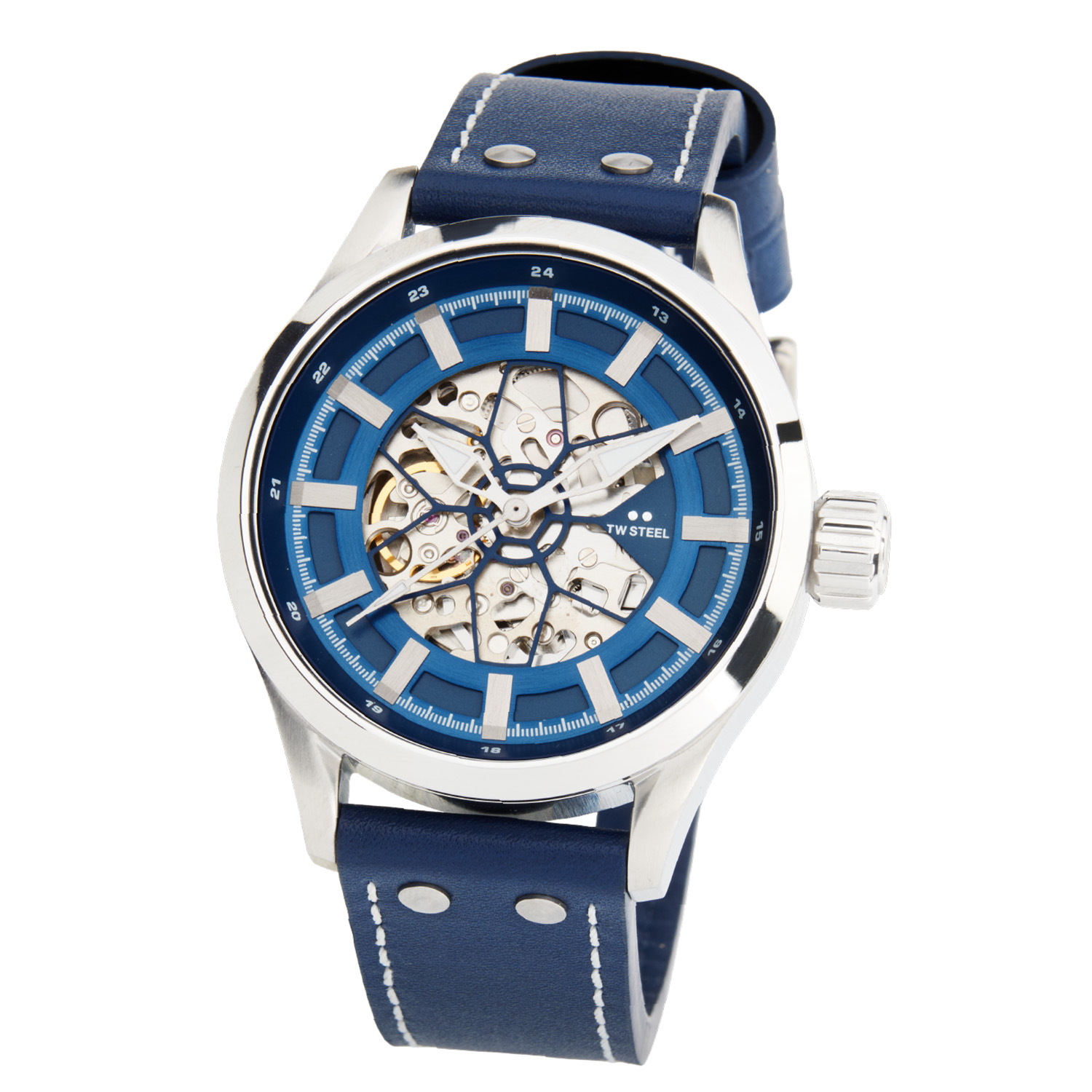 TW Steel TWVS132 Skeleton Staal Leer 45mm
Deze TW steel uit de Volante serie met nr TWVS132 is 45mm en heeft een gehard mineraalglas. De TWVS132 valt op door de stalen kast met gladde bezel en grote schroefkroon. De wijzerplaat is opengewerkt, waardoor het automatische uurwerk duidelijk zichtbaar is. De wijzers zijn ingelegd met lumibrite. Aan de kast zit een blauwe leren crocoband met een gespsluiting. Het horloge heeft wereldwijde garantie van 2 jaar en is 10 ATM. Een zeer apart model.

Het Merk:
TW Steel is een Nederlands horlogemerk. Groot in visie en ongeëvenaard in stijl. Sinds onze oprichting in 2005 geven wij tijd een nieuwe dimensie. Met karakteristieke designs stappen wij af van de gebaande paden.
Ons bereik is wereldwijd, of het nu zakelijk, casual of sportief is, bij de horloge collectie van TW Steel gaat het om kwaliteit en precisie. Een horloge dat je persoonlijkheid onderstreept is altijd binnen handbereik. Vorm en functie gaan samen in onze horloges van Zwitserse top kwaliteit. De kunst om je te onderscheiden vergt zelfvertrouwen en lef.
TW Steel is niet zomaar een horloge, TW Steel is een statement.

Specificaties:
- Stalen horloge kast 45mm
- Open wijzerplaat 
- Blauwe leren crocoband
- Gehard mineraalglas
- Schroefkroon
- Automaat
- 10 ATM