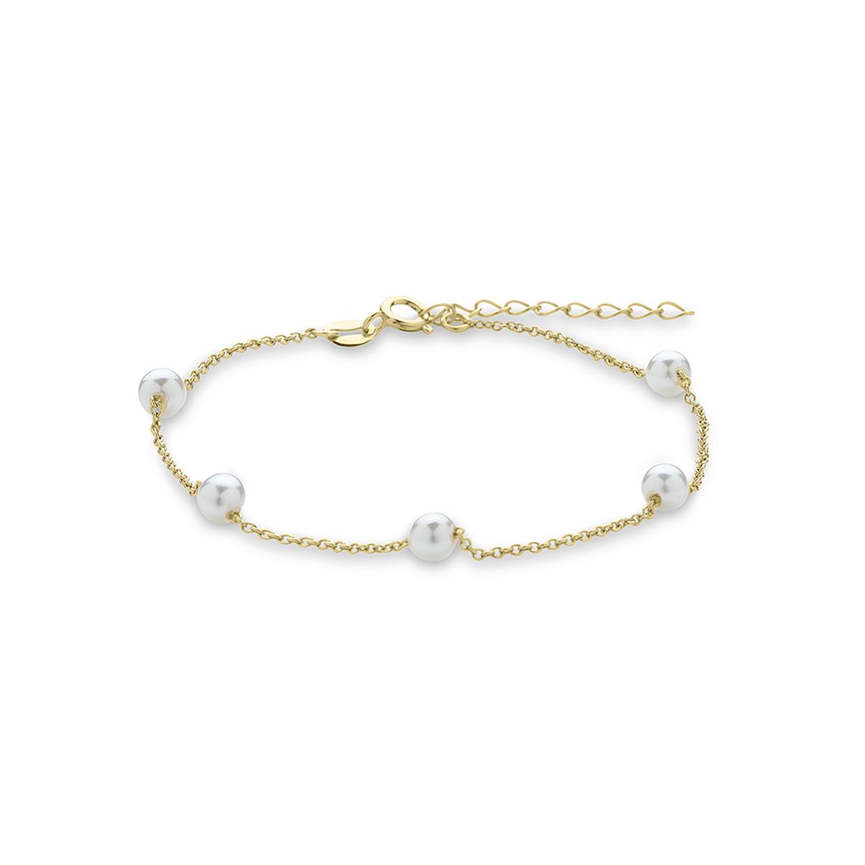 Geelgouden armband met 5 pareltjes ertussen. 17-20cm