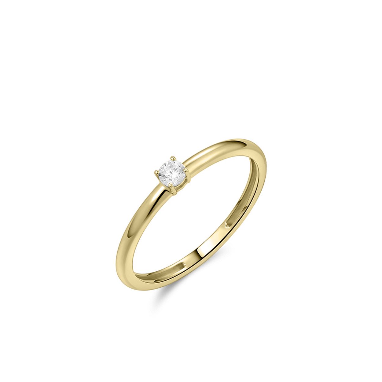 14k gouden ring met een zirkonia gezet in een chaton met vier zetpoten