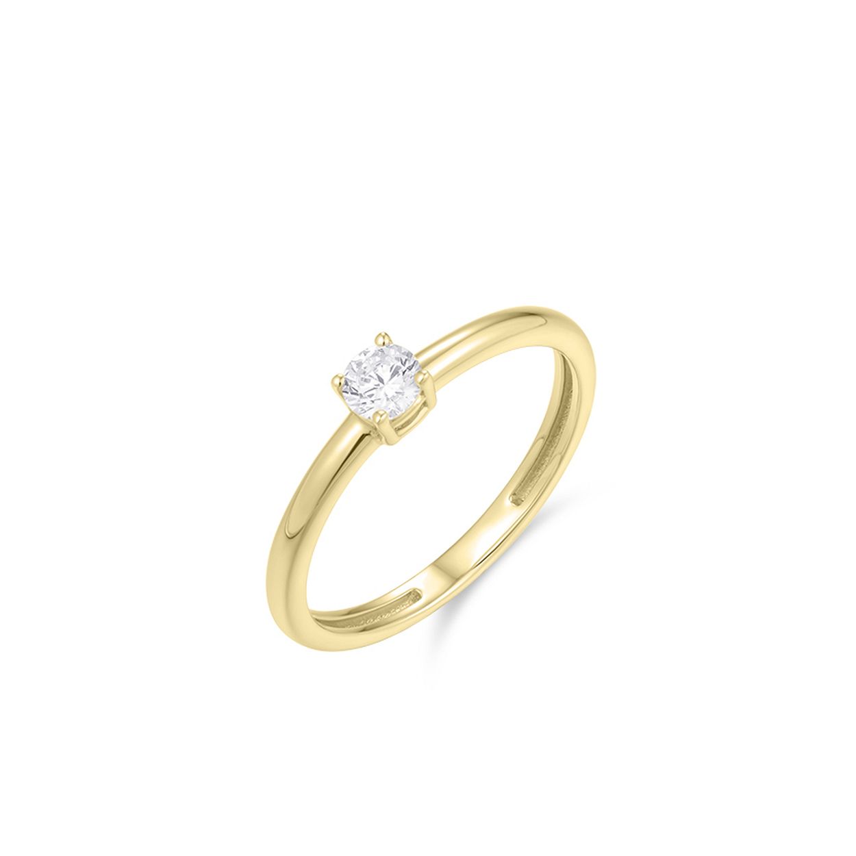 14k gouden ring met een zirkonia, 4mm,  gezet in een chaton met vier zetpoten