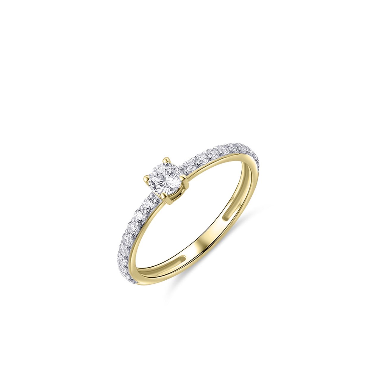 14k gouden rijring met zirkonia. De middensteen is groter 4mm, en apart gezet in een chaton met vier zetpoten.