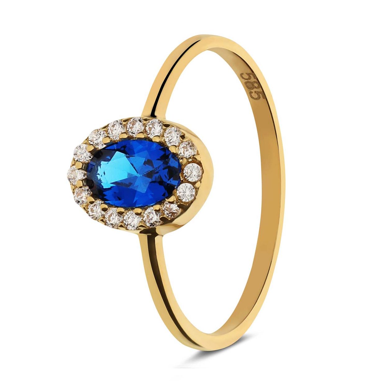 Gouden ring zirkonia ovaal entourage synthetische saffier
mt.54