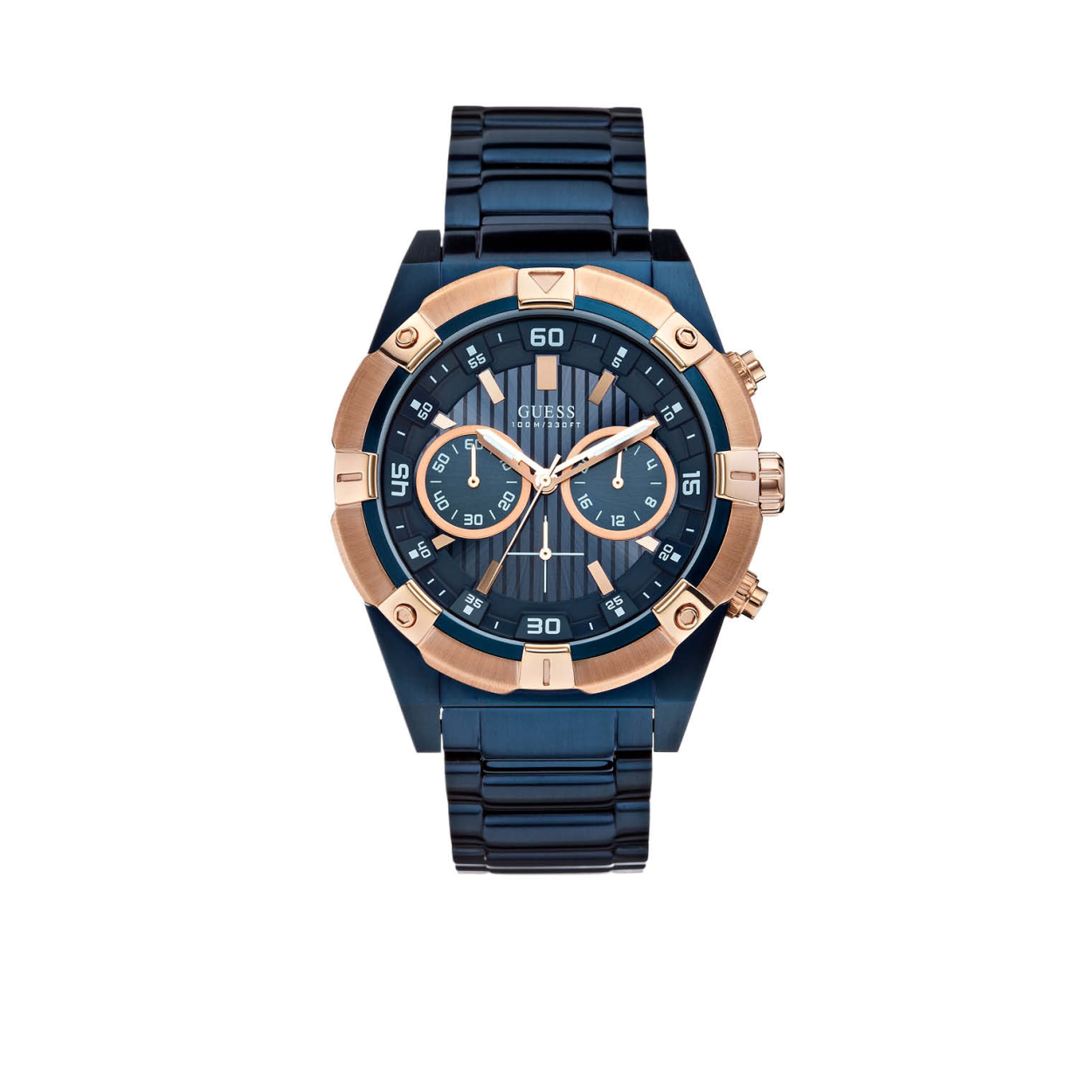 De GUESS Jolt van 47 mm is een absolute topper en zowel stoer als sportief te dragen. De blauwe wijzerplaat van deze chronograaf heeft een klein streepje voor een klassieke touch. De meegekleurde stalen blauwe band met kliksluiting staat goed bij pak en jeans. Model: W0377G4