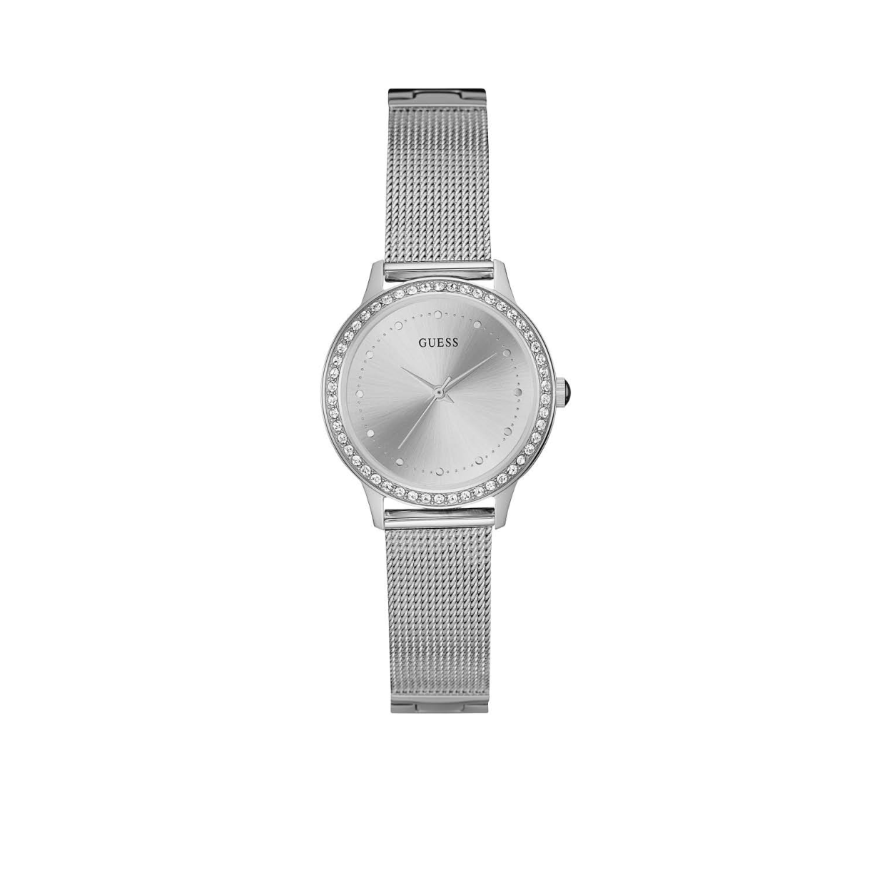 De GUESS Chelsea is een stijlvol en elegant dameshorloge dankzij de stalen mesh band en de lunet met chrystals. De wijzerplaat van dit 30 mm horloge oogt rustig en chic door de tijdsindicatie in chrystals. Het heldere mineraalglas zorgt voor extra goed zicht. De band van dit horloge kun je zelf op maat maken door schakels er uit te halen, hier is geen gereedschap voor nodig. Model: W0647L6