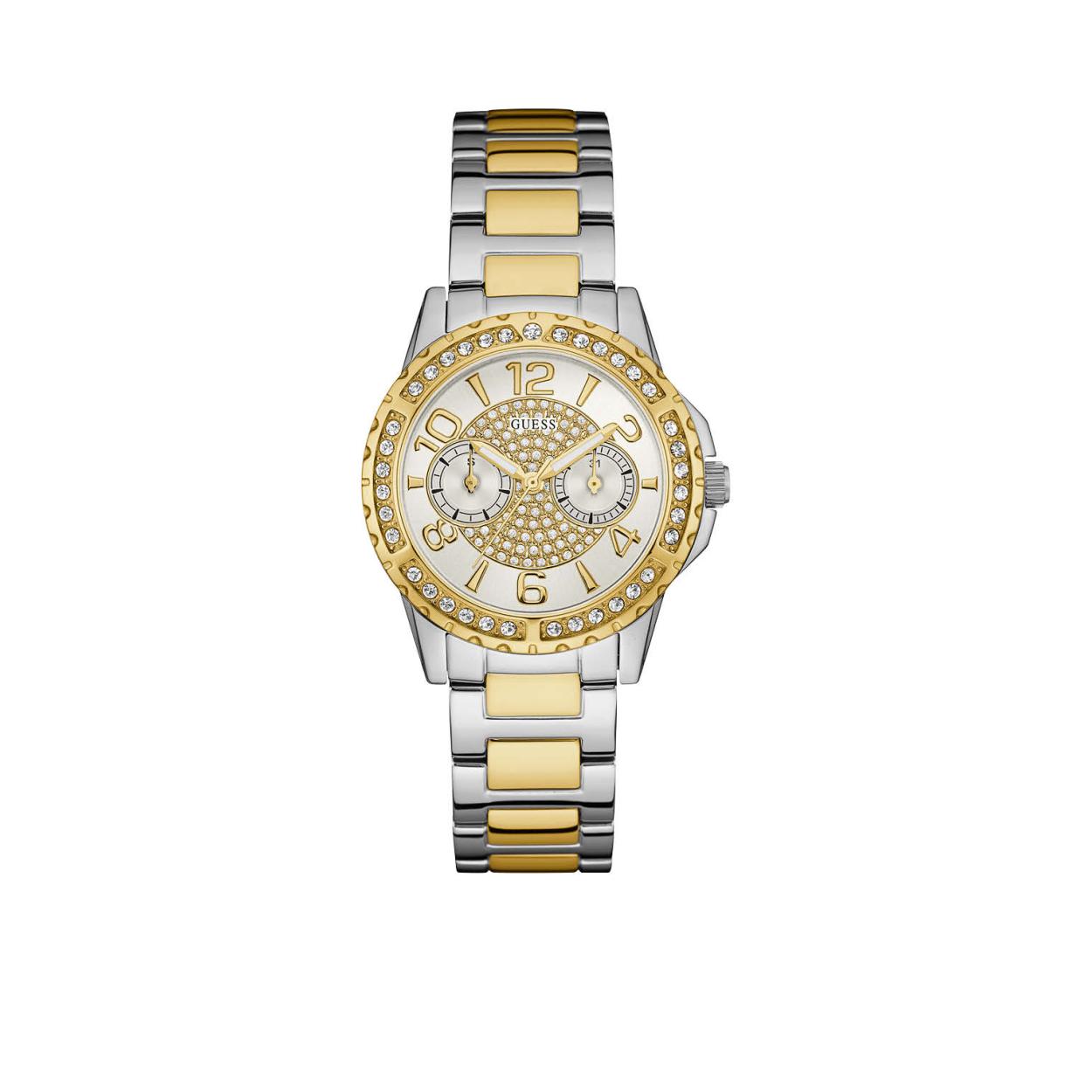 Het GUESS Sassy dameshorloge is een uniek bicolor horloge met stalenband vouwsluiting. De wijzerplaat is voorzien van een element met briljant geslepen chrystals, de lunet is eveneens voorzien van dezelfde stenen. Model: W0705L4