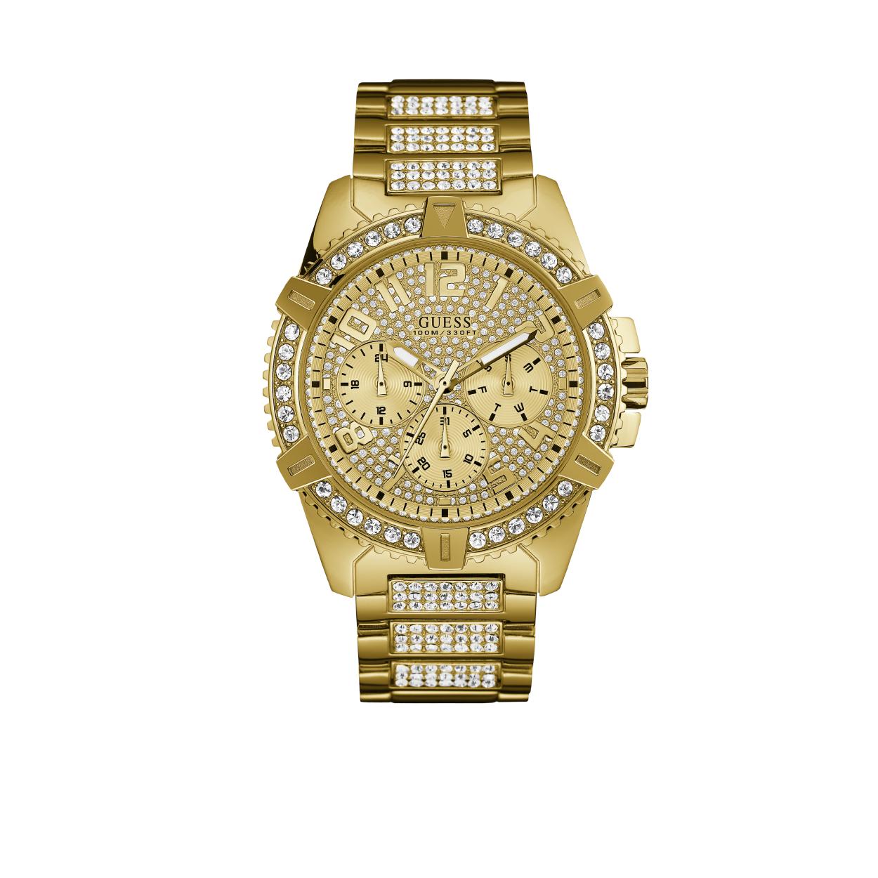 De Frontier is een waar sieraad om je pols. Dit nieuwe GUESS heren horloge schittert van alle kanten! De kast heeft een diameter van 48 mm en is een echte eye-catcher. De goudkleurige kast en band geven het horloge een exclusieve uitstraling. Het horloge is tot 10 ATM waterdicht. De lunet en band zijn gezet met briljant geslepen stenen voor een extra sparkle. Een horloge en sieraad voor de mode bewuste man! Model: W0799G2.