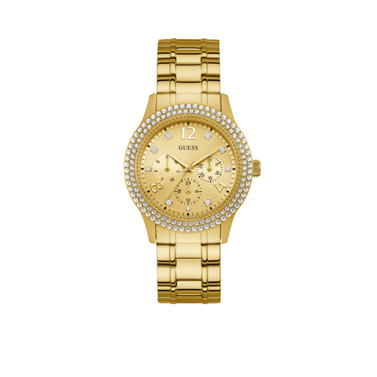 De goudkleurige Bedazzler is een echte musthave! Dit nieuwe dames horloge uit de Guess Watches collectie steelt elke blik! De lunet is versierd met crystals die ook terug komen op de wijzerplaat. De ronde kast heeft een diameter van 40 mm. De schakelband heeft een lengte van 19 cm. Het horloge is tot 3 ATM waterdicht. Combineer dit horloge hoe jij wilt van dag tot avond. Model: W1097L2
