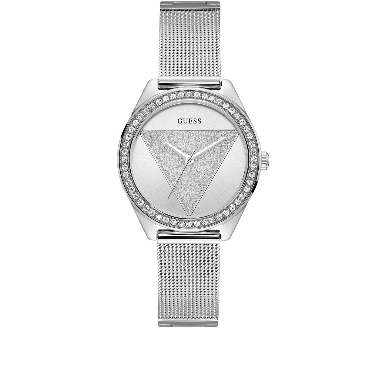Dit stalen dames GUESS Watches horloge met ronde kast en Milanese meshband heeft een rustige wijzerplaat voor een stijlvolle en tijdloze uitstraling. Het driehoek logo van GUESS word op een subtiele manier getoond op de wijzerplaat. De kast heeft een diameter van 36,5 mm. Dit horloge is voorzien van een G-link sluiting, dat betekend dat het horloge makkelijk verstelbaar is door schakels uit te klikken. Een top cadeau voor jezelf of voor haar die altijd past. Met de Tri Glitz om je pols heb je geen ander sieraad meer nodig, het is een eyecatcher die tot 3 ATM waterdicht is. Model: W1142L1