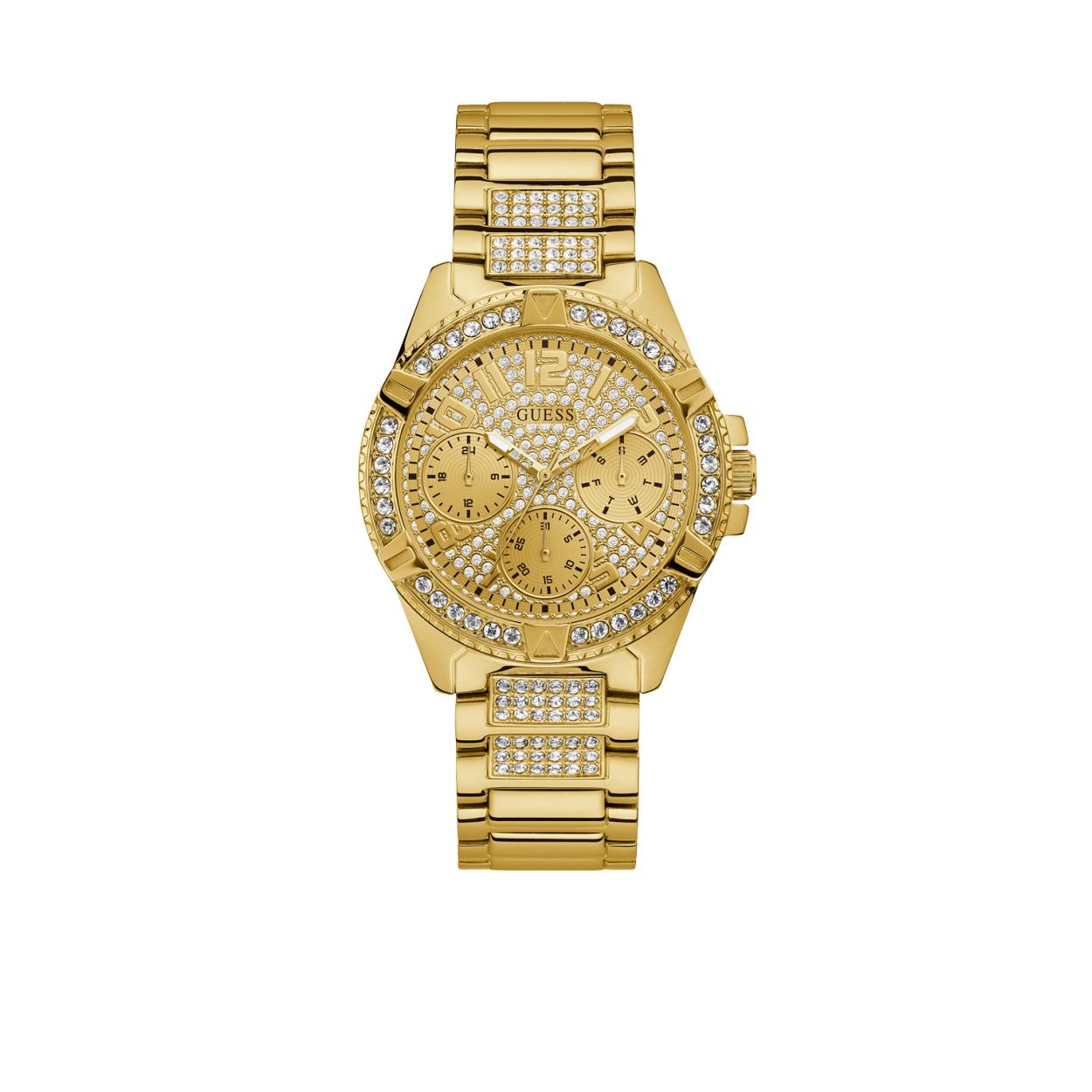 Houd jij van Bling? Dan is de nieuwe Lady Frontier wat voor jou. Dit nieuwe dames GUESS horloge heeft een ronde kast met een diameter van 40 mm. De lunet en de wijzerplaat zijn helemaal gezet met chrystals voor een sprankelend effect. De schakelband van 19cm sluit middels een vouwsluiting. Het horloge is tot 5 ATM waterdicht. Model: W1156L2