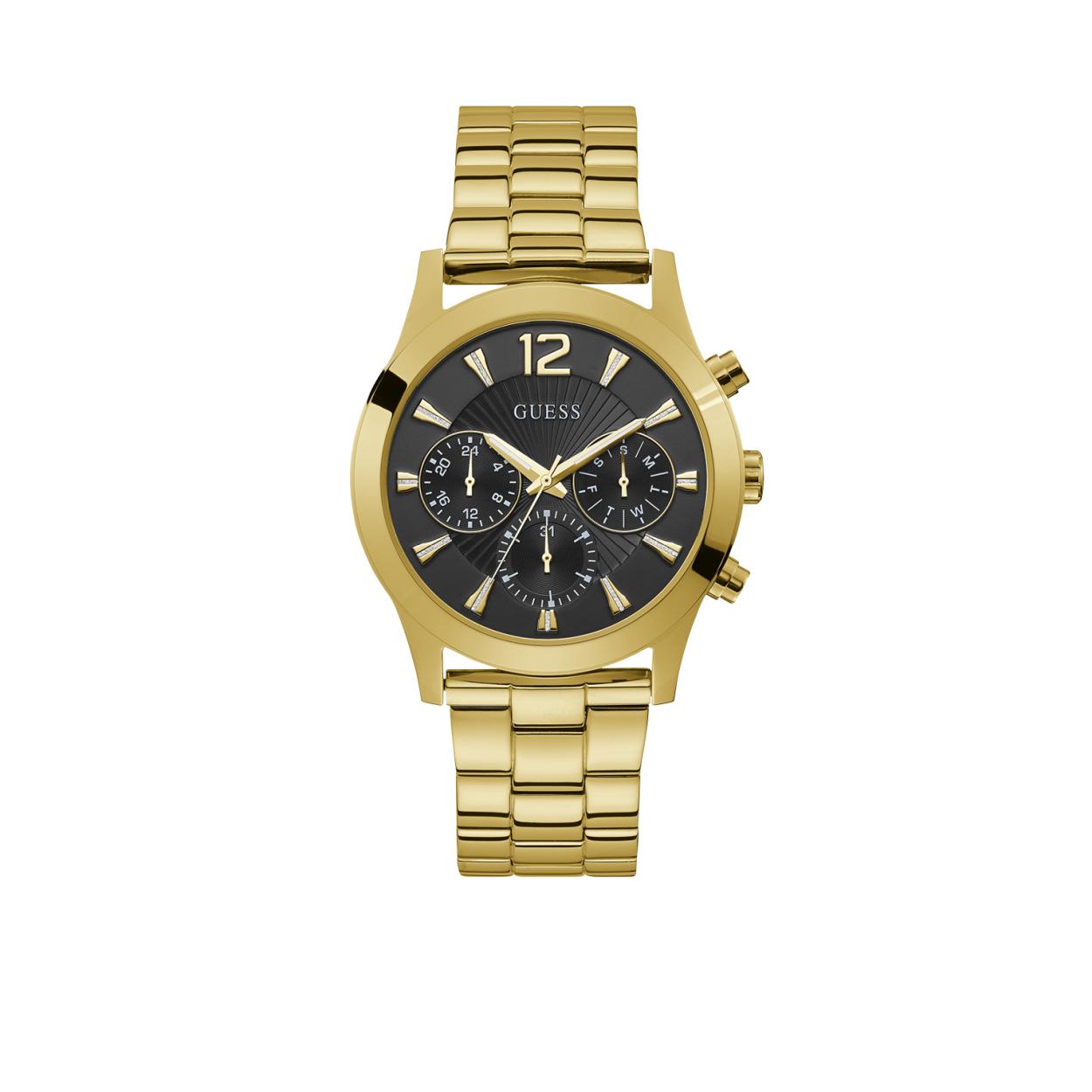 Guess heren pols horloge staal met stalen band goudkleurig uit de collectie Atlas.