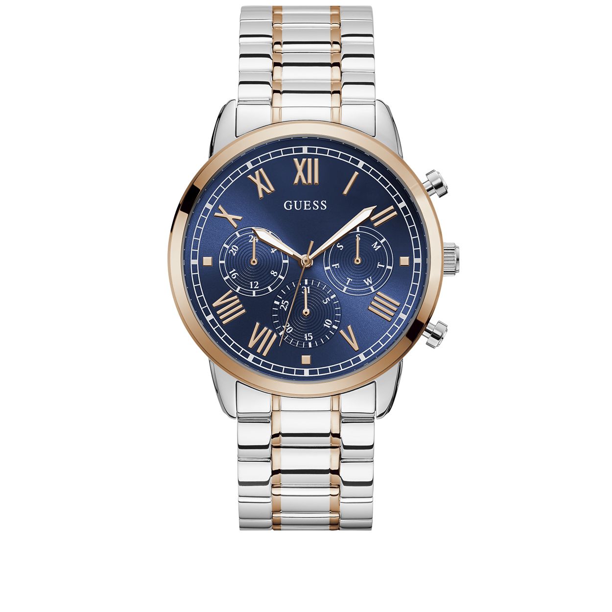 Deze twee kleurige GUESS HENDRIX W1309G4 heren horloge is uitgevoerd met een stalenband. De blauwe wijzerplaat van deze chronograaf met rosegouden Romeinse cijfers geeft dit horloge een smaakvolle twist.