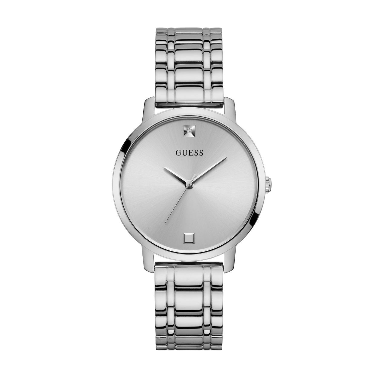 Eenvoud is de kracht van dit prachtige GUESS dames horloge uit de Nova serie. De zilverkleurige kast heeft een diameter van 40 mm en een strakke minimalistische zilverkleurige wijzerplaat die voorzien is van diamanten single cut 8/8 0.005 ct. op 12 en 6 uur. De schakelband sluit middels een vouwsluiting en dit horloge is tot 3 ATM waterdicht. Model: W1313L1.