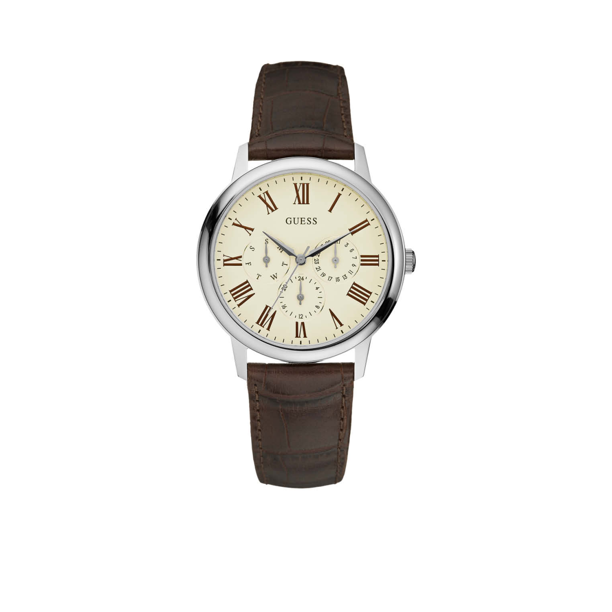 Dit klassieke heren horloge met stalen kast is stijvol en classy. Het horloge heeft een leren band met croco effect, de band is 19 cm lang. De kast heeft een diameter van 39 cm. Het horloge is perfect te combineren bij een pak of stijvolle look. Het horloge is spatwaterdicht. Model: W70016G2