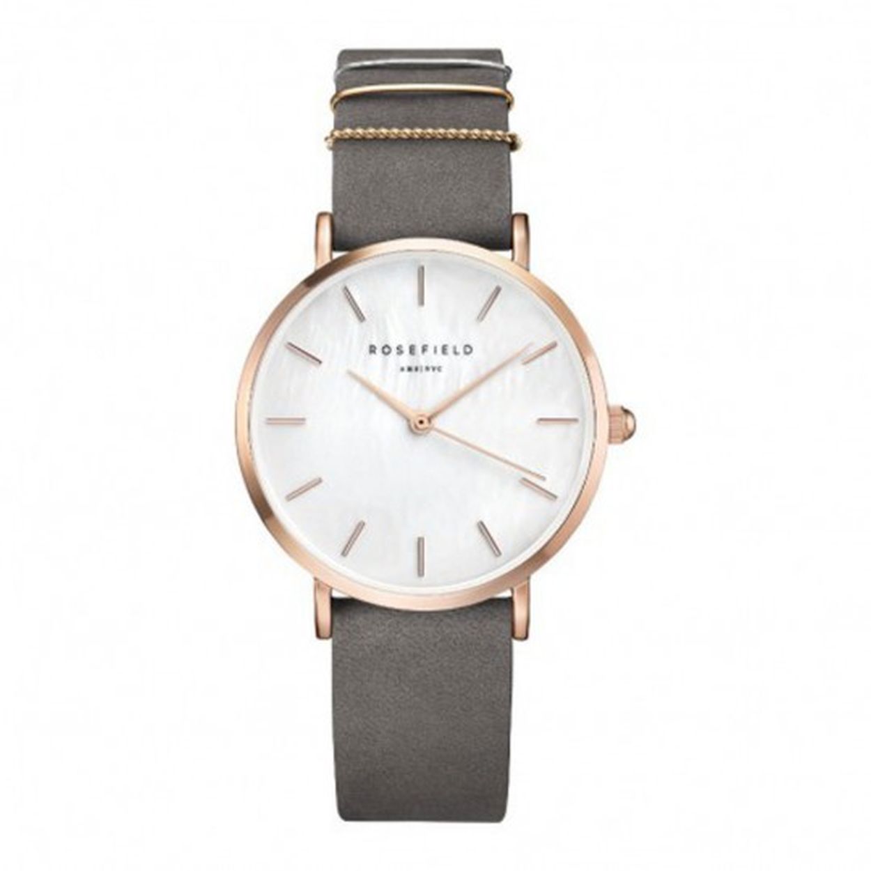 Create a feminine and funky watch with the elephant gray strap with silver-tone hammered metal ring, smooth rose gold-tone ring and twisted rose gold-tone ring.
