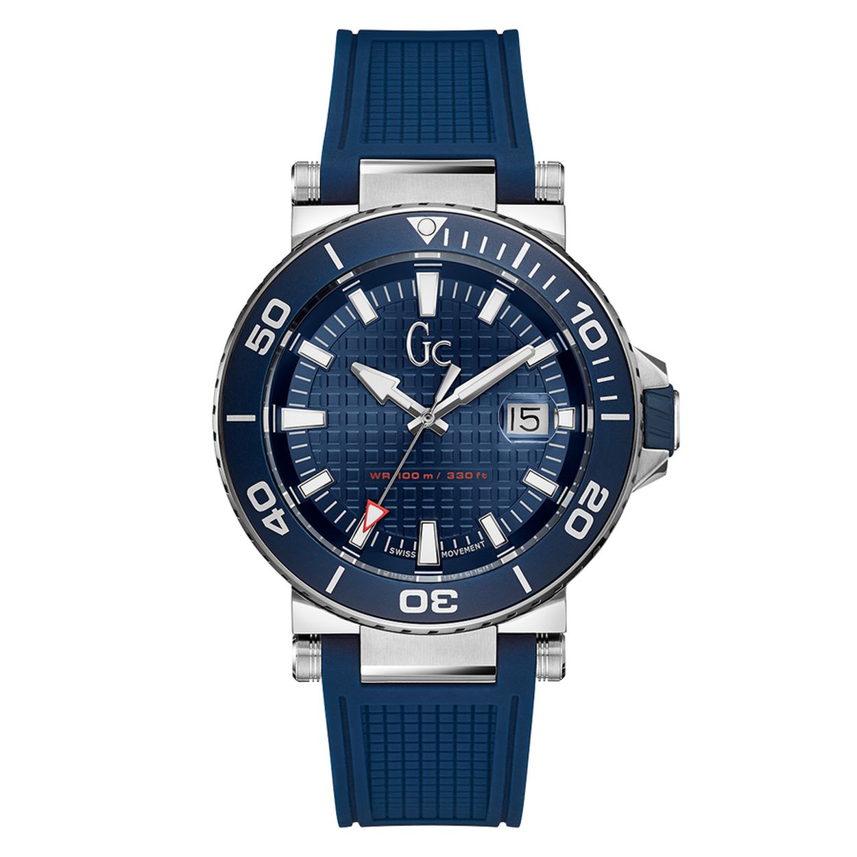 GUESS Collection rond sportief stalen horloge met blauwe wijzerplaat / rode accenten en een blauwe silliconen band.