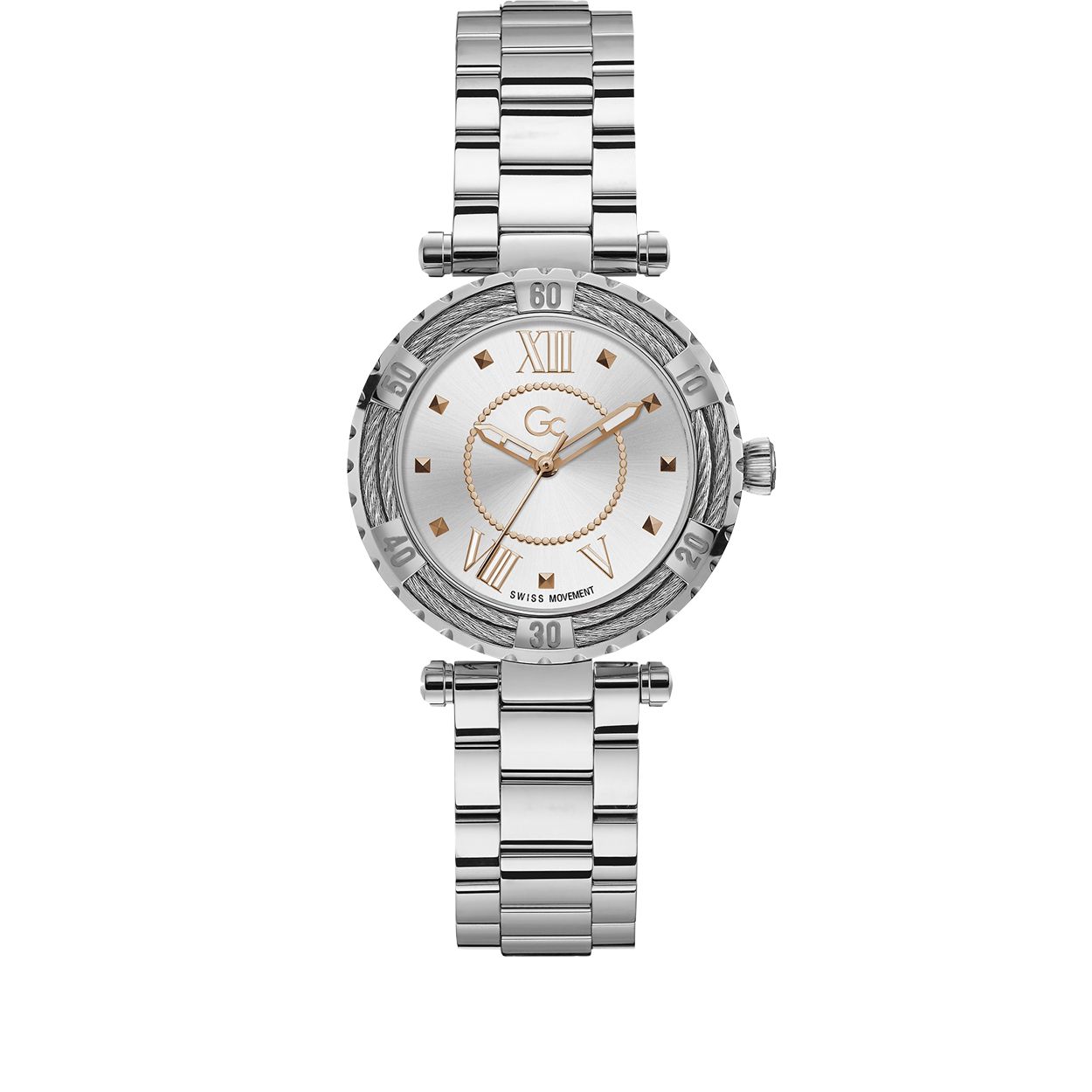 De Gc Lady Diver Cabel horloges zijn een van de meest elegante maar stoere dameshorloges uit de Gc collectie. Door de kabeldetails rondom het lunet valt dit horloge direct op. De elegantie komt naar voren door de zachte kleur op de wijzerplaat en de ros� gouden becijfering. Tot slot geeft de zilveren stalenband weer een stoere touch. Model: Y41001L1MF