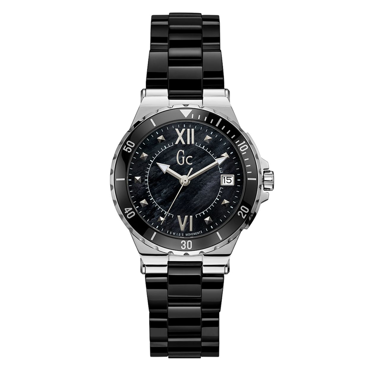 Dit stijlvolle dames horloge de Gc Structura Ceramic is één van de nieuwe modellen dit seizoen. Dit twee kleurige keramieken horloge heeft een kast diameter van 36 mm, de schakelband is 19 cm en heeft een vouwsluiting. de wijzerplaat is zwart met parelmoerglans. Model: Y42002L2MF