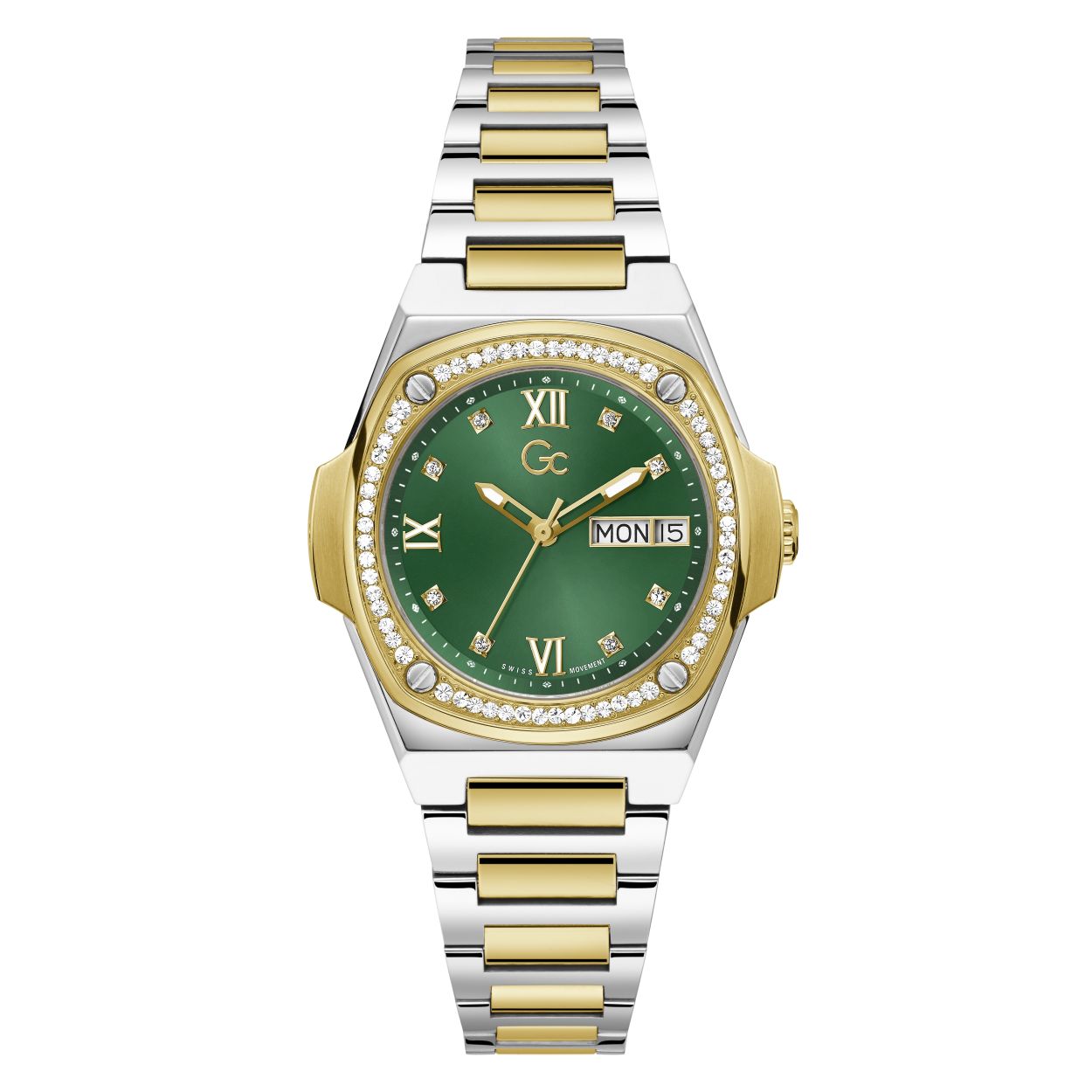 Y98010L9MF. Guess Collection dameshorloge. Groene wijzerplaat met dag en datum. Bicolor band en kast. 