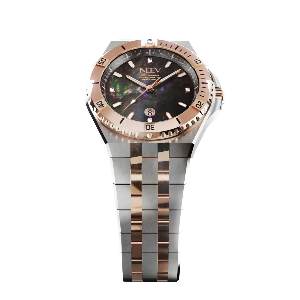 De Date34 is ons nieuwste model. Dit 34mm dameshorloge is er in 14 varianten. Dit nieuwe model is standaard uitgevoerd met 5 Swarovski stenen, hoogwaardig staal, saffierglas met AR coating en een parelmoer wijzerplaat.