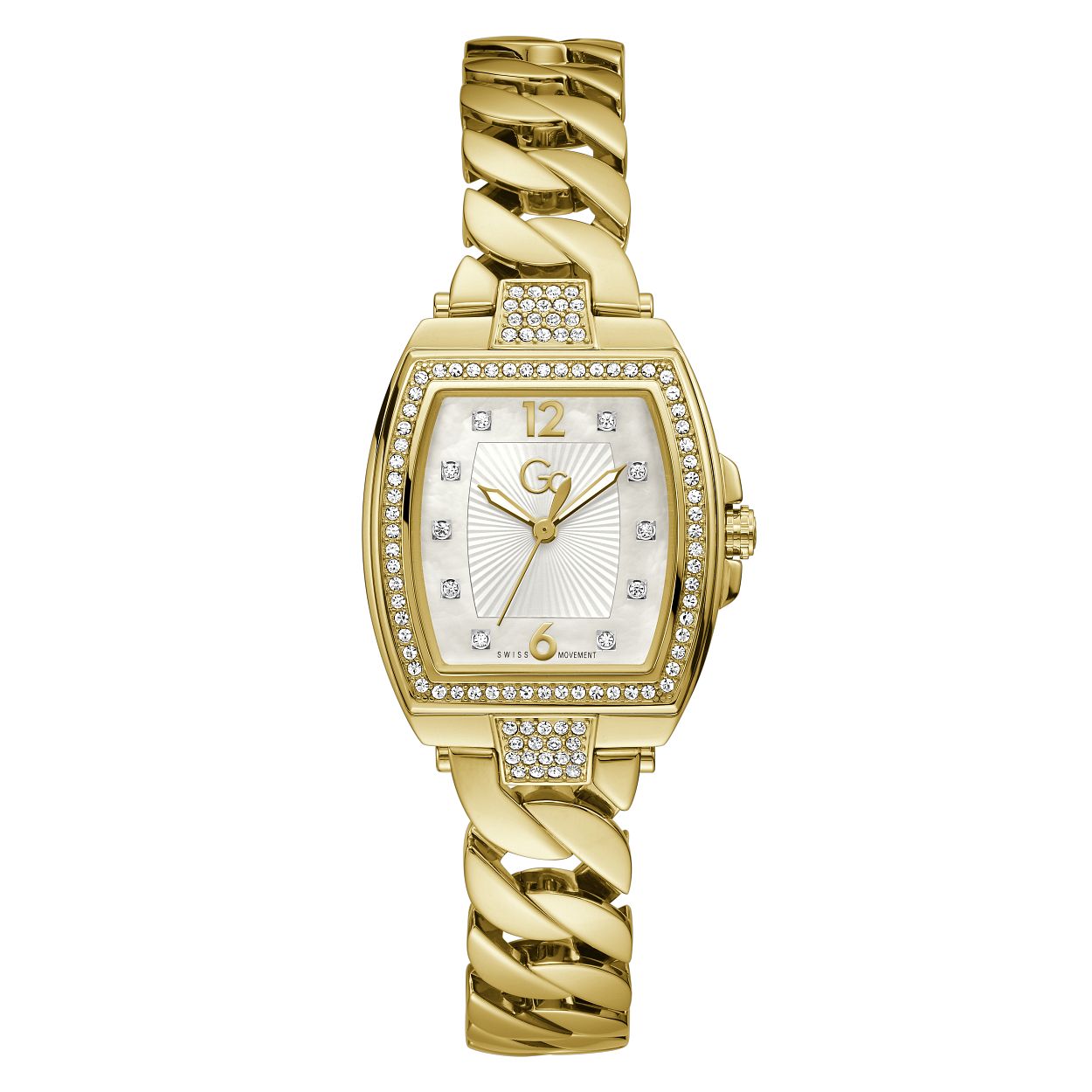 Dit unieke dameshorloge uit de Gc Couture Tonneau Chain serie is een echte fashion statement. De tonneau lunet van dit modieuze two-toned model is gezet met schitterende kristallen. De elegantie komt naar voren door het guilloche middelpunt omringd door parelmoere wijzerplaat, zowel de rosegoudkleurige wijzers als indexen zijn voorzien van een Super-LumiNova coating. De bijzondere schakelband met rosegoudkleurige en zilverkleurige schakels sluit middels een vlindersluiting en geeft dit horloge een stoere touch.