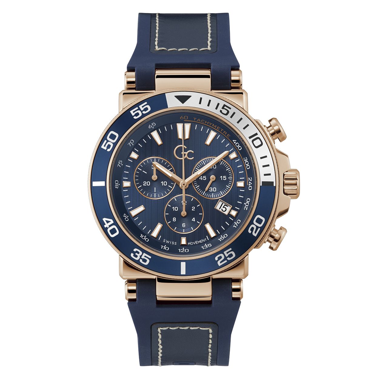 Dit stijlvolle Gc horloge uit de One Sport collectie is een echt fashion statement. Deze blauwe chronograaf heeft een bijzondere gestreepte wijzerplaat met roségoudkleurig details. Zowel de wijzers als indexen zijn voorzien van een Super-LumiNova coating. Het horloge is tot 10ATM. De blauwe band heeft leer in het midden met aan de  binnenzijde siliconen voor optimaal draagcomfort en duurzaamheid.