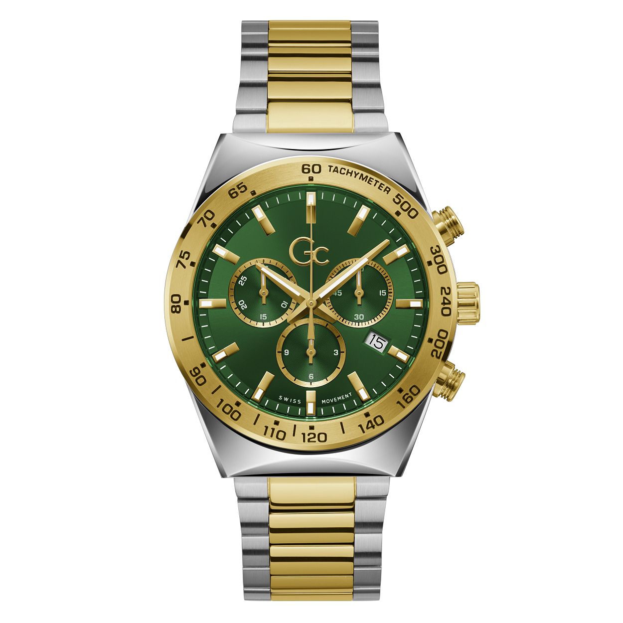 Dit sportieve two-toned herenhorloge uit de Gc Clubhouse serie is een echt fashionstatement! De goudkleurige chronograaf heeft een diameter van 41 mm en dankt zijn stoere look onder andere aan zijn groene wijzerplaat met goudkleurige accenten. De wijzers zijn voorzien van een Super-LumiNova coating. Dit exclusieve horloge is uitgevoerd met saffier gecoat mineraalglas en is tot 10 ATM waterdicht.